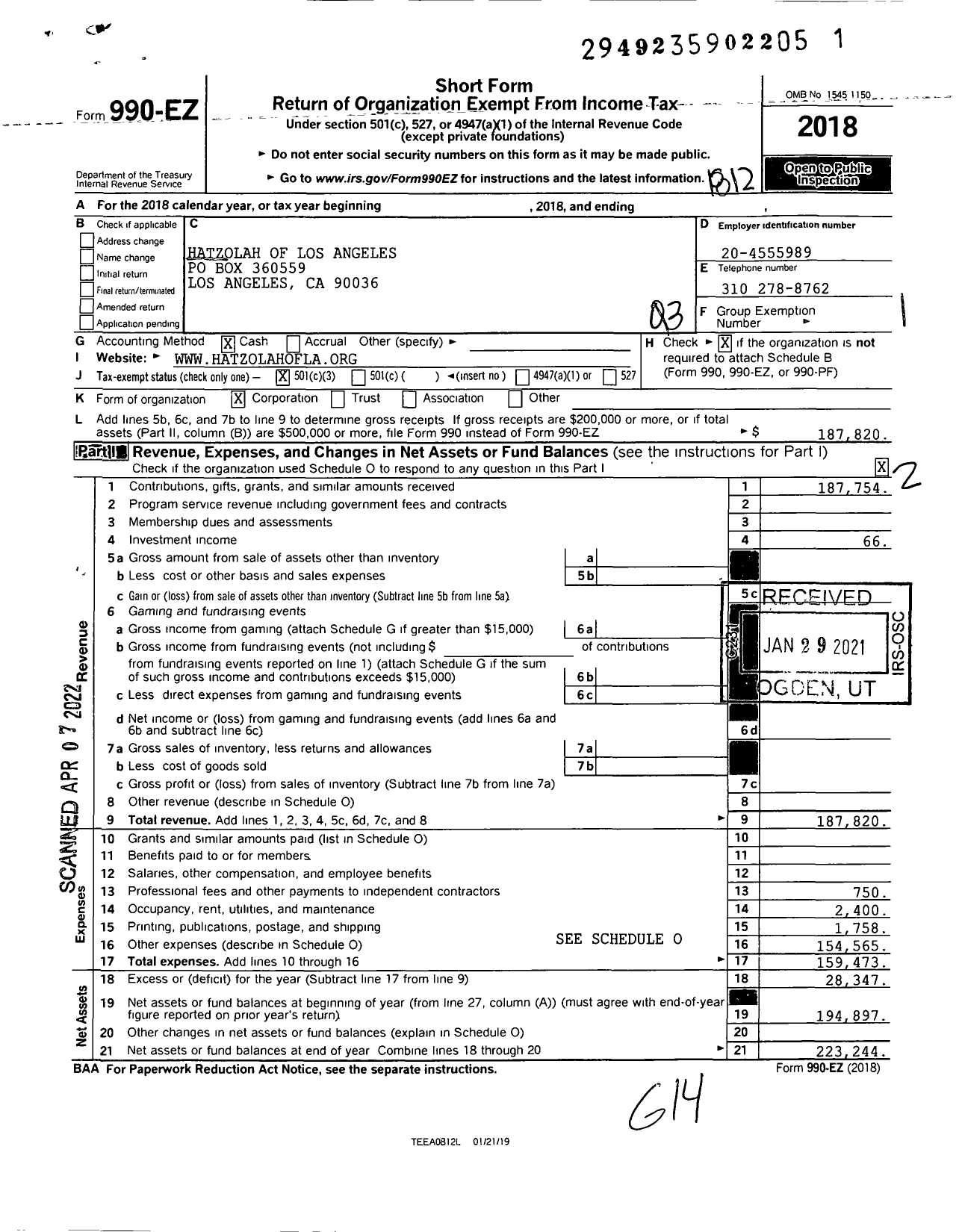 Image of first page of 2018 Form 990EZ for Hatzolah of Los Angeles