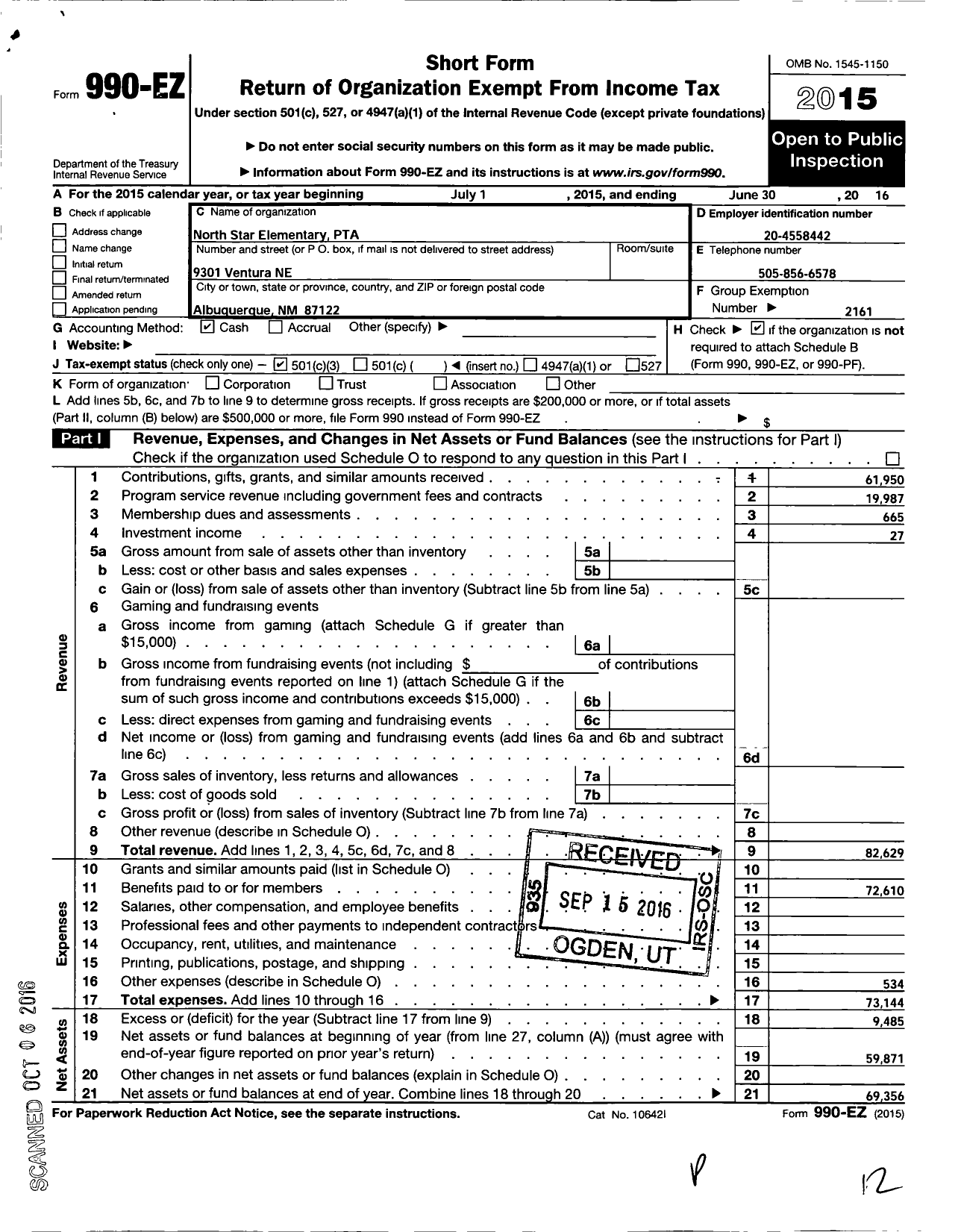 Image of first page of 2015 Form 990EZ for PTA North Star Elementary