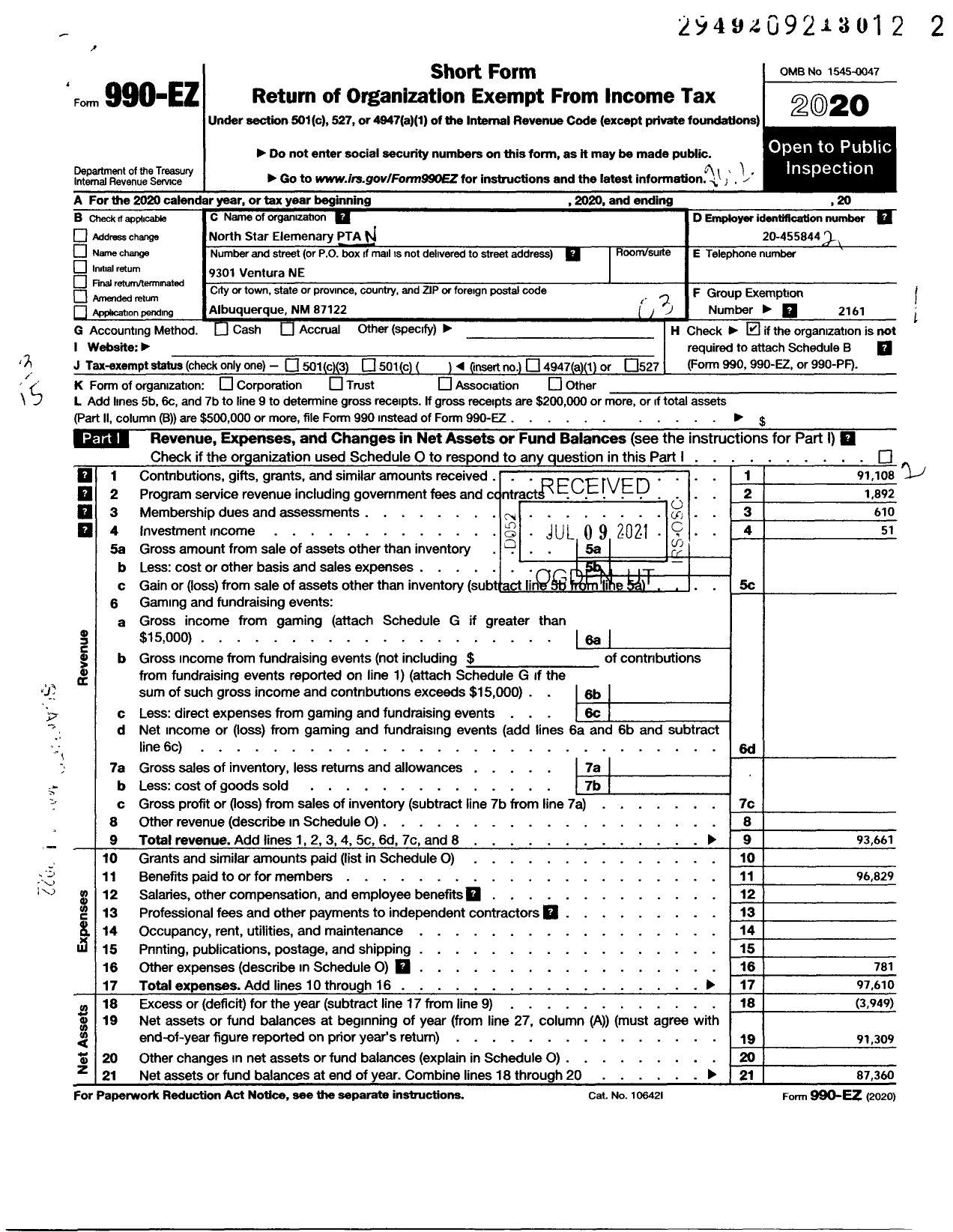 Image of first page of 2020 Form 990EZ for PTA North Star Elementary