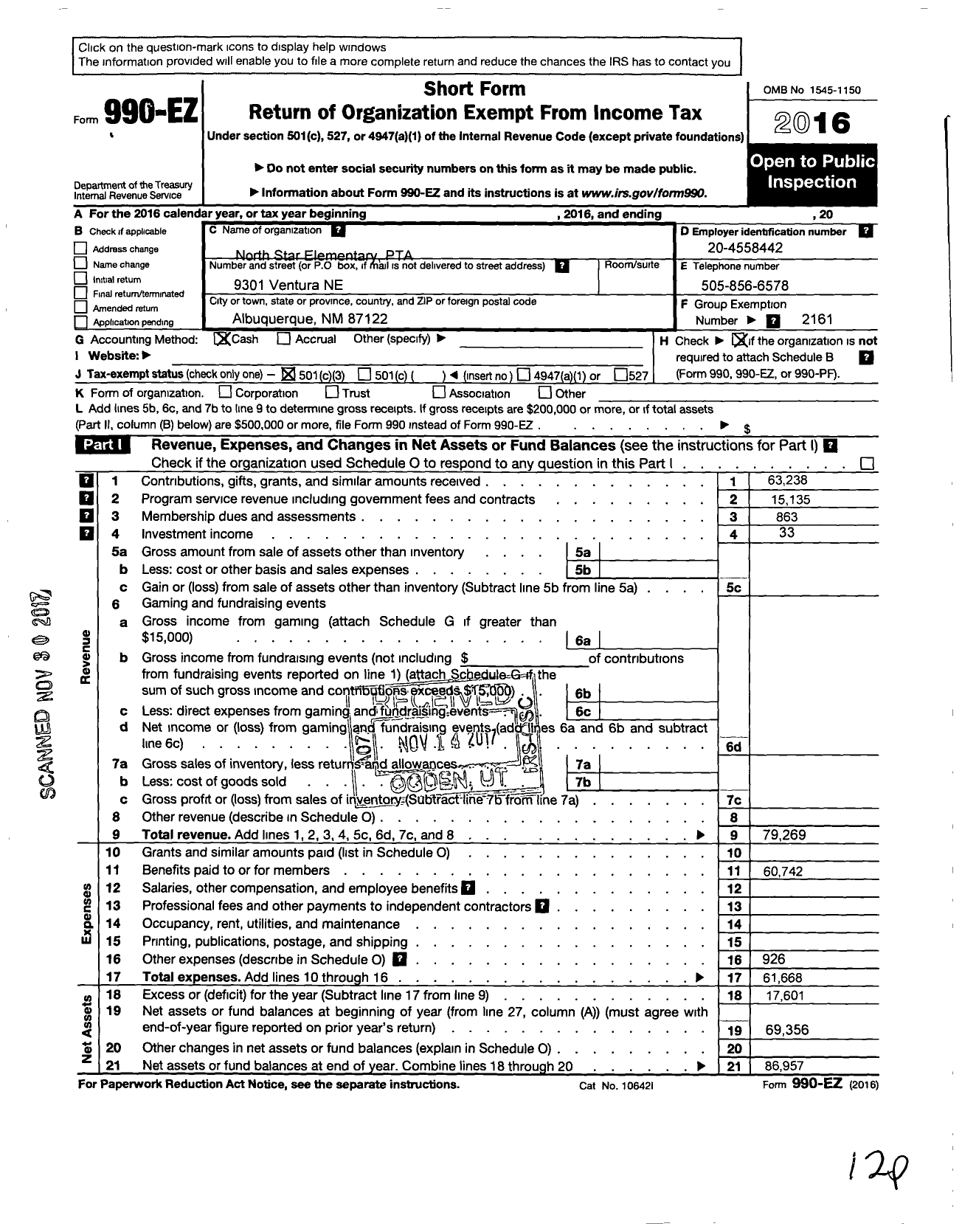 Image of first page of 2016 Form 990EZ for PTA North Star Elementary