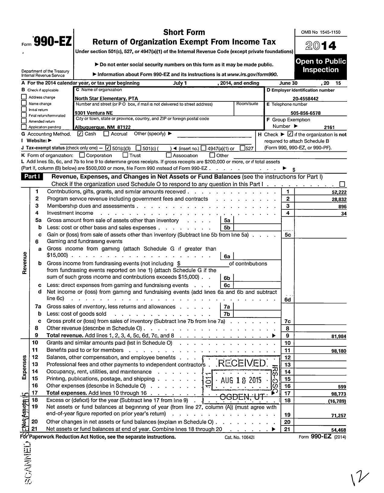 Image of first page of 2014 Form 990EZ for PTA North Star Elementary