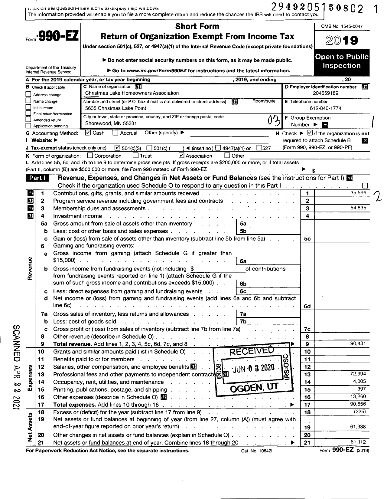 Image of first page of 2019 Form 990EZ for Christmas Lake Homeowners Association