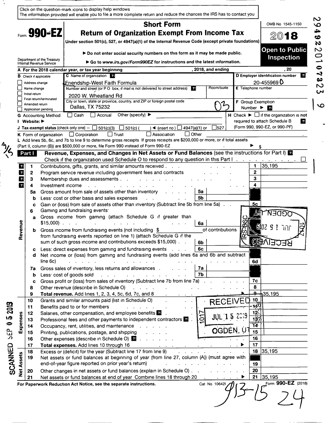 Image of first page of 2018 Form 990EZ for Friendship-West Faith Formula