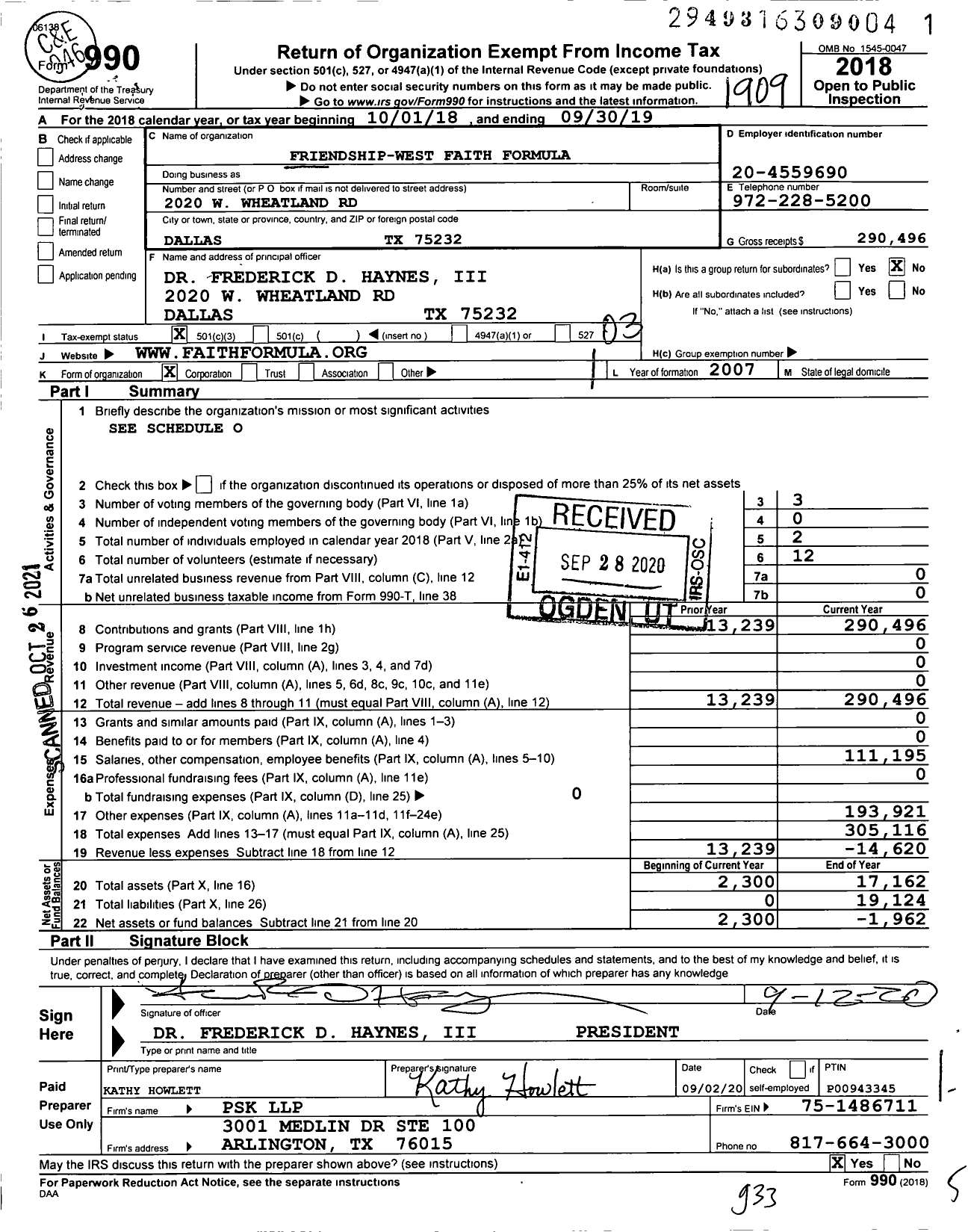 Image of first page of 2018 Form 990 for Friendship-West Faith Formula