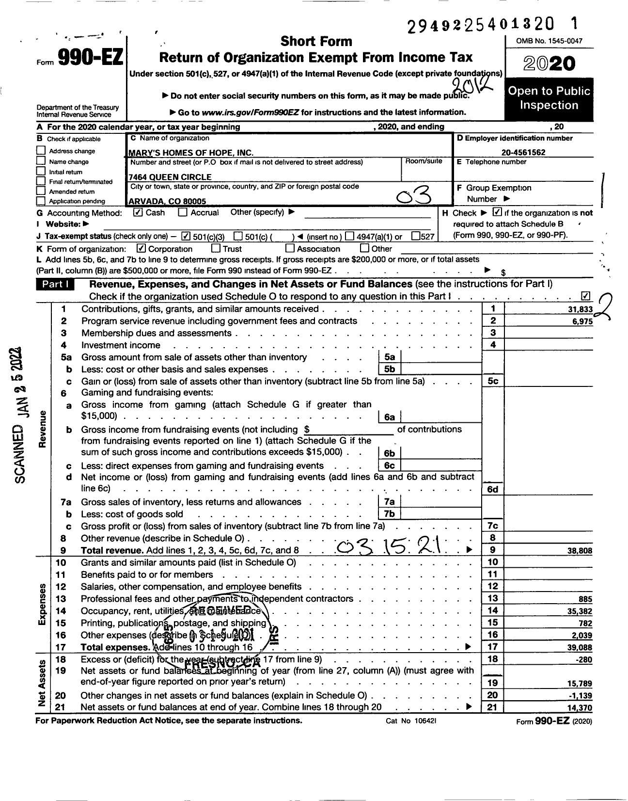 Image of first page of 2020 Form 990EZ for Marys Homes of Hope