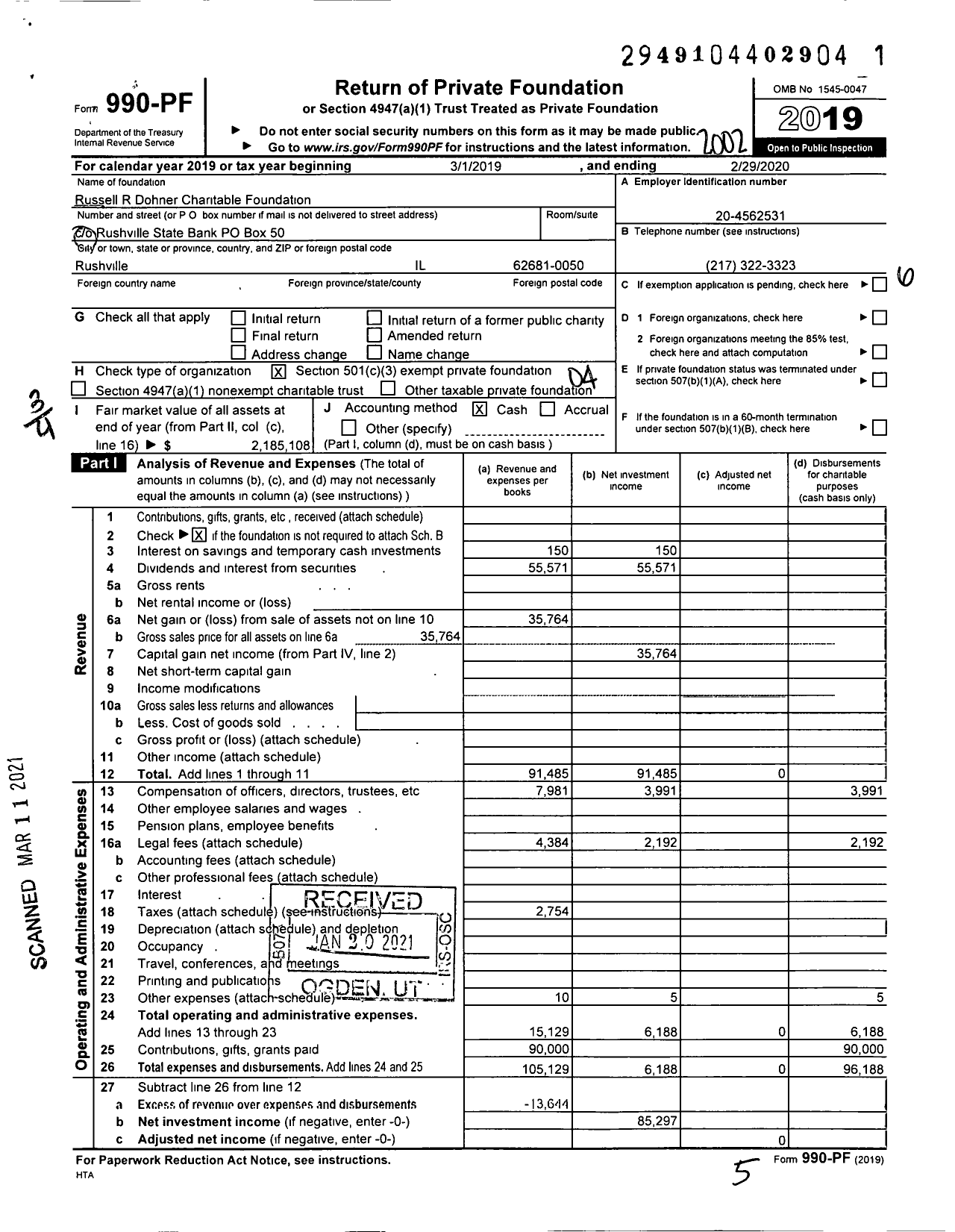 Image of first page of 2019 Form 990PF for Russell R Dohner Charitable Foundation