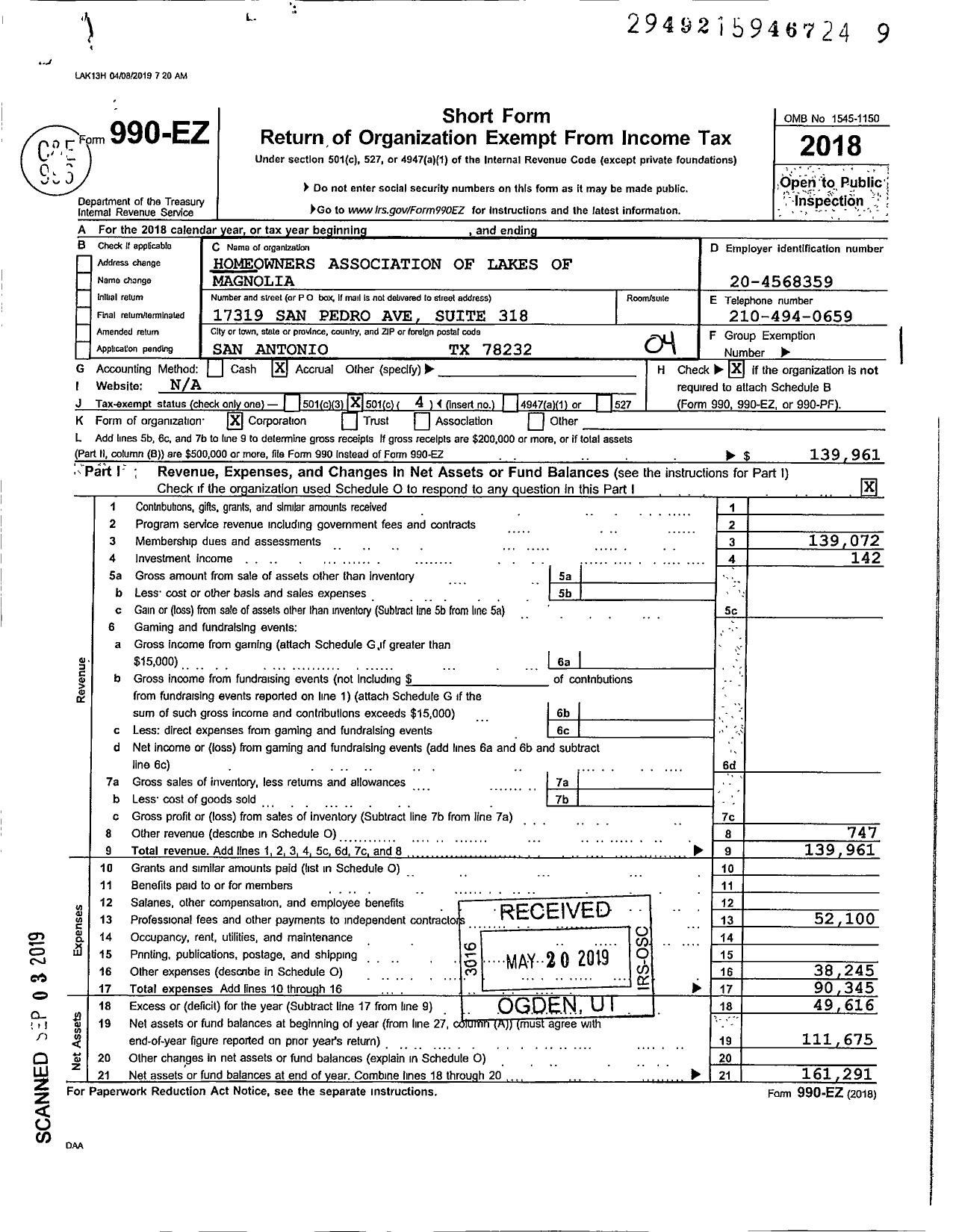 Image of first page of 2018 Form 990EO for Lakes of Magnolia Homeowners Association