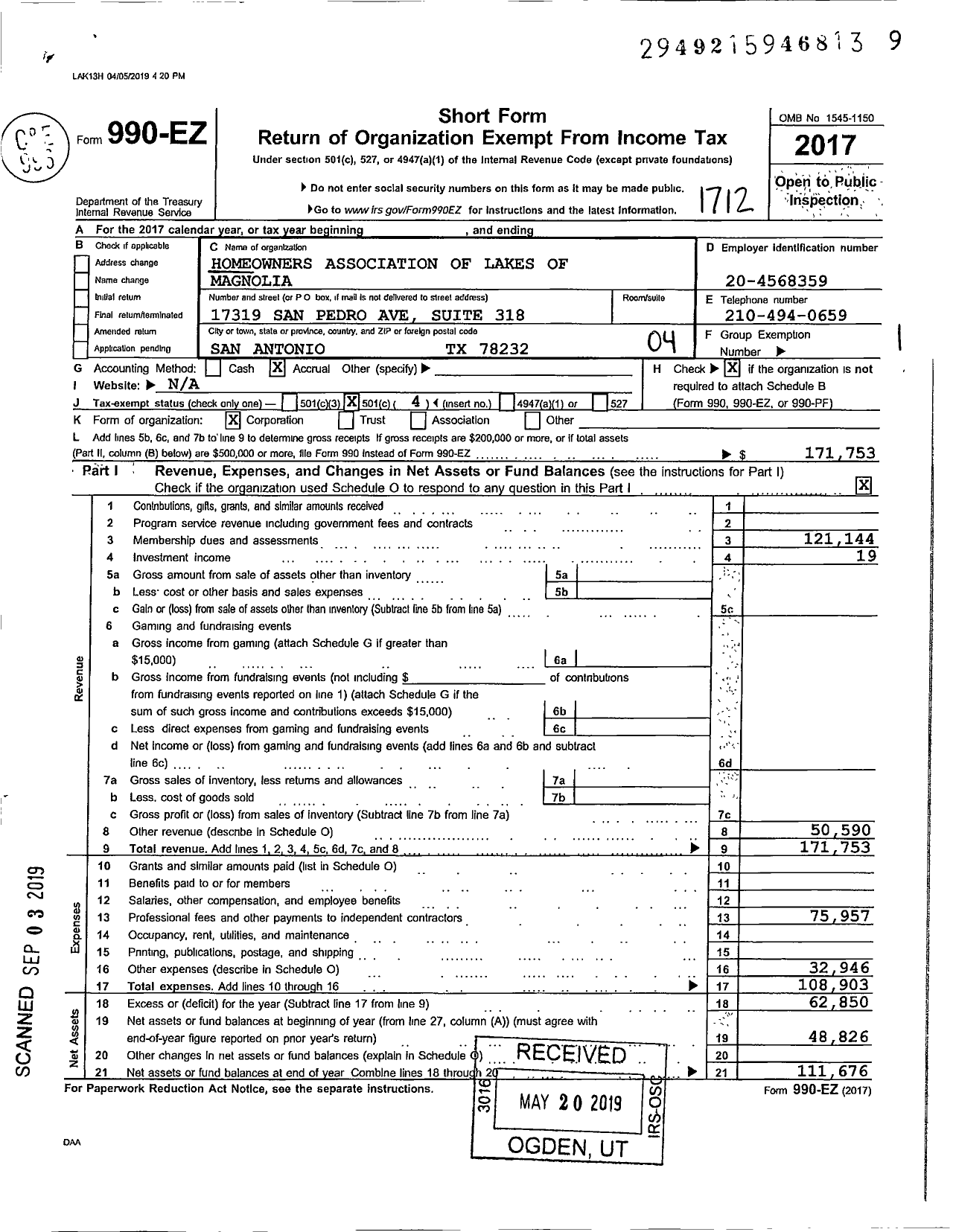 Image of first page of 2017 Form 990EO for Lakes of Magnolia Homeowners Association