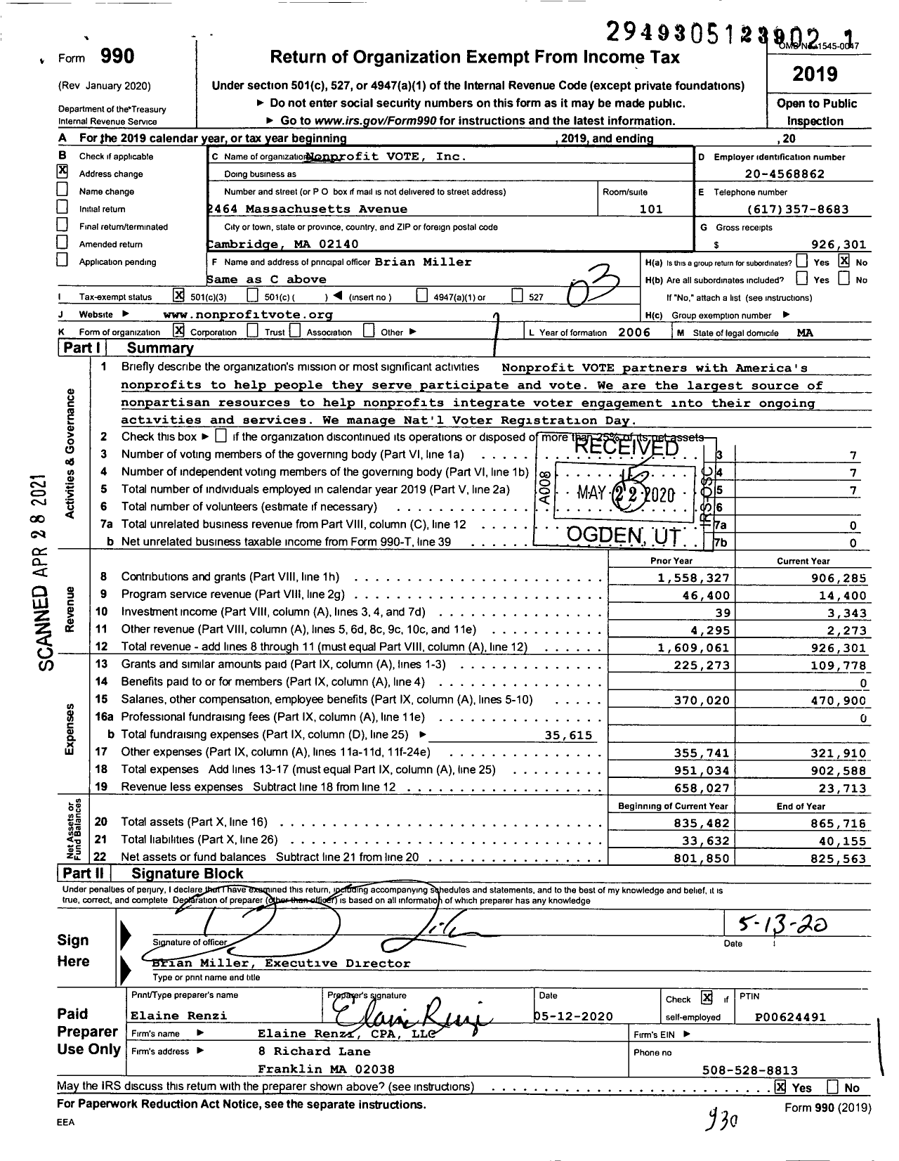 Image of first page of 2019 Form 990 for Nonprofit VOTE