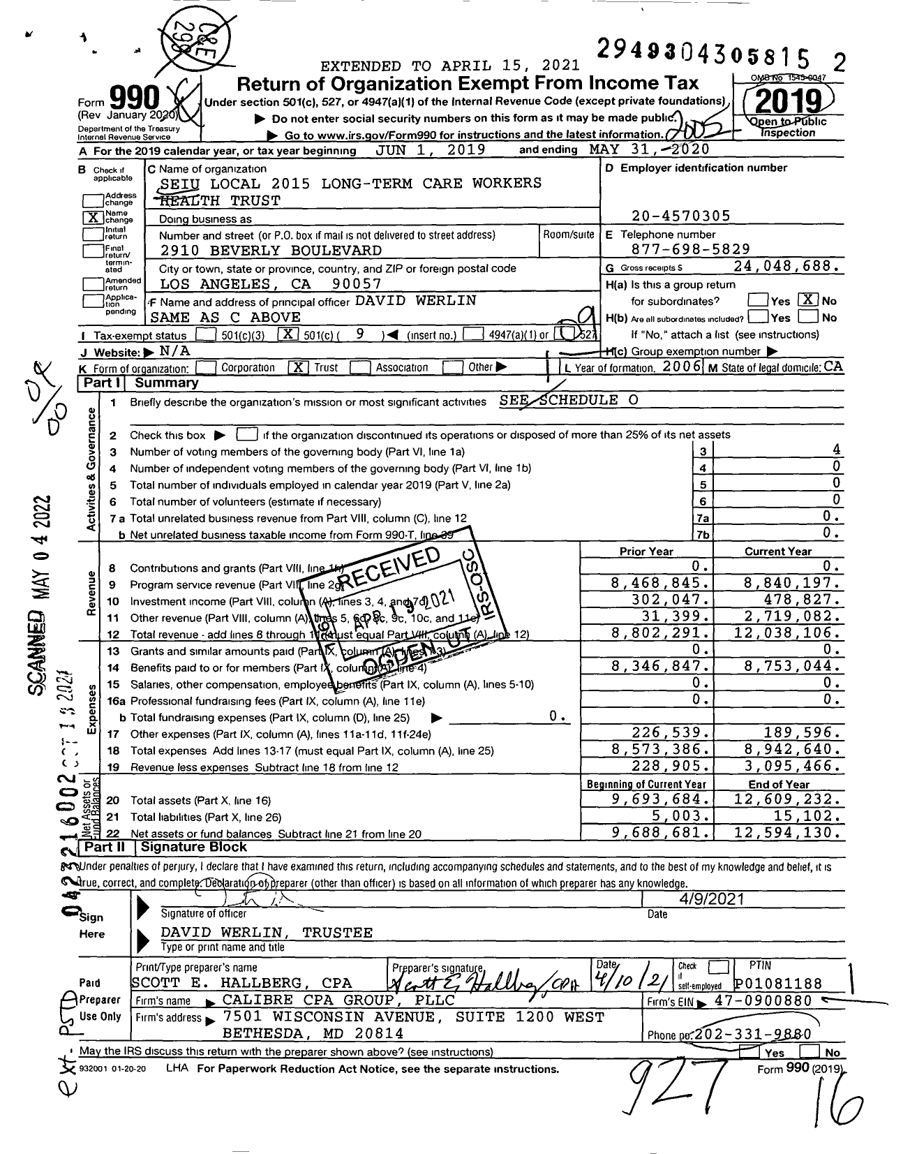 Image of first page of 2019 Form 990O for Seiu Local 2015 Long-Term Care Workers Health Trust