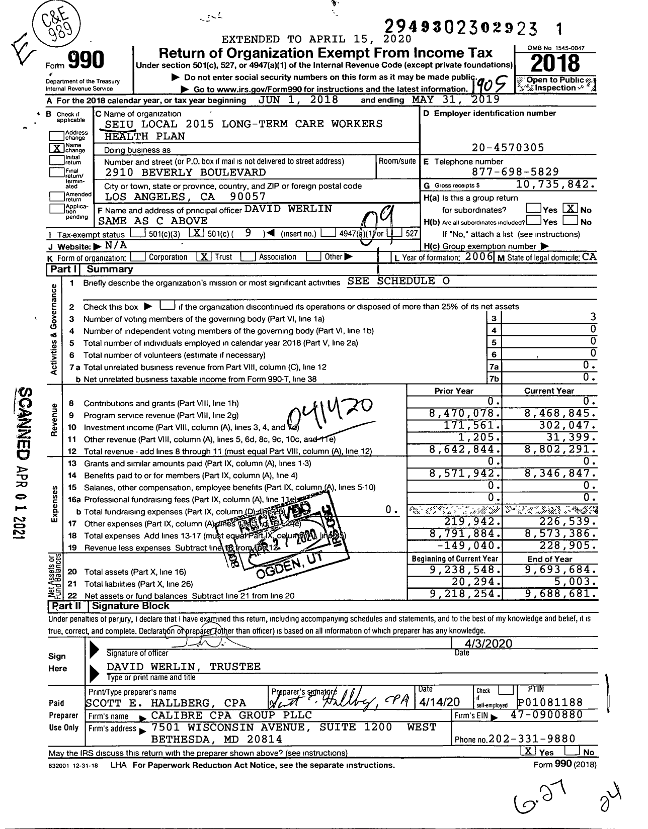 Image of first page of 2018 Form 990O for Seiu Local 2015 Long-Term Care Workers Health Trust