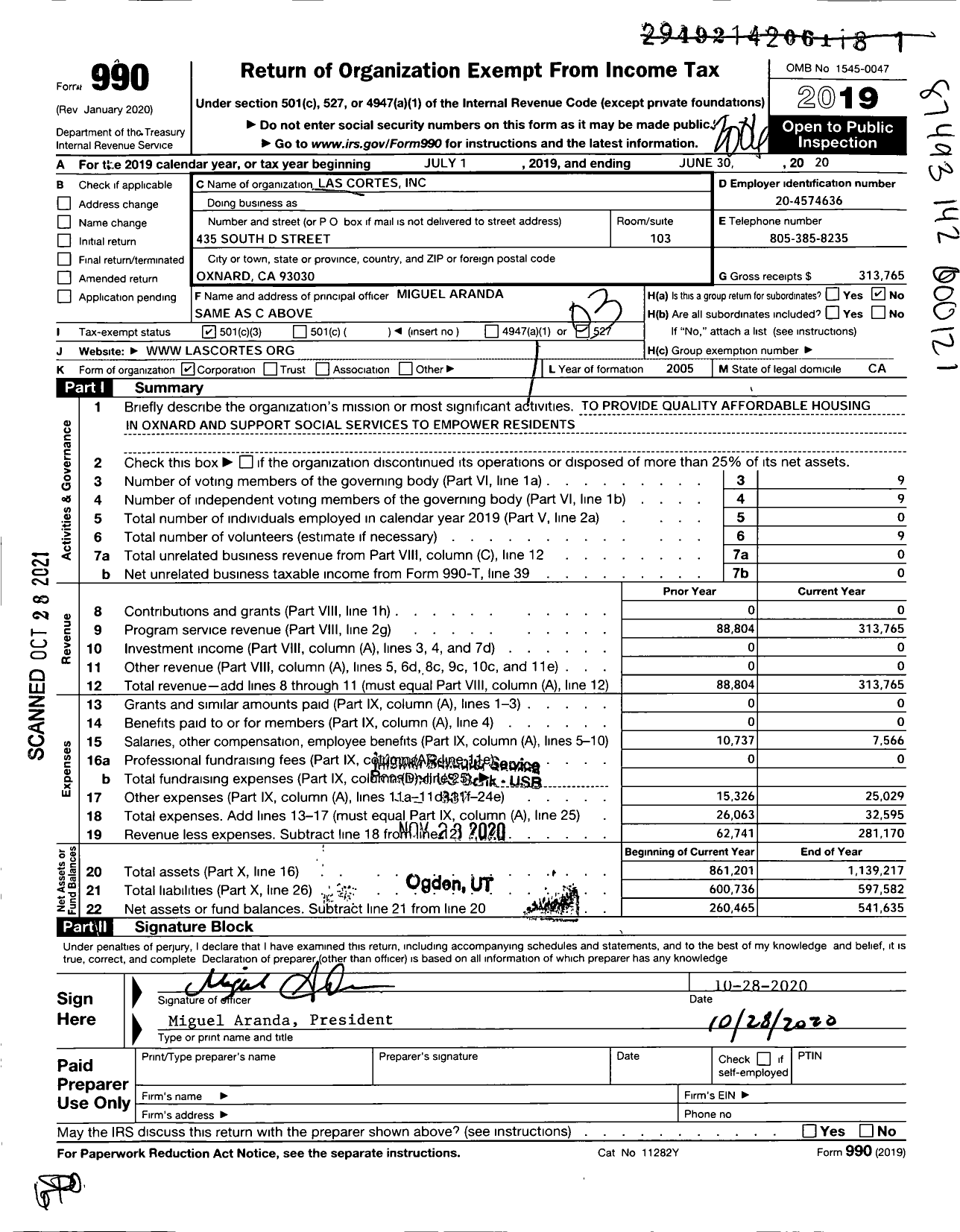 Image of first page of 2019 Form 990 for Las Cortes