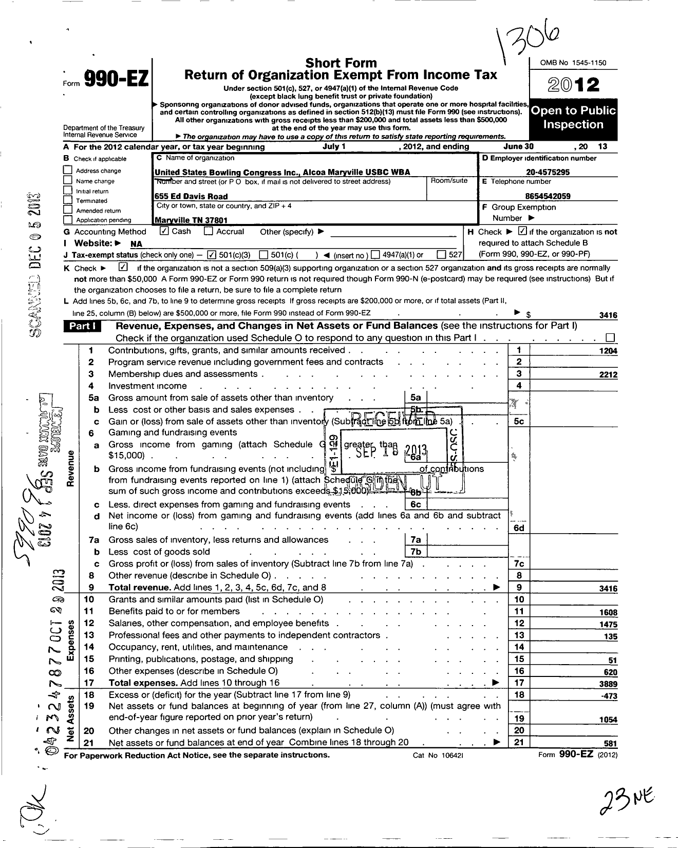 Image of first page of 2012 Form 990EZ for United States Bowling Congress - 86509 Alcoa-Marysville Usbc