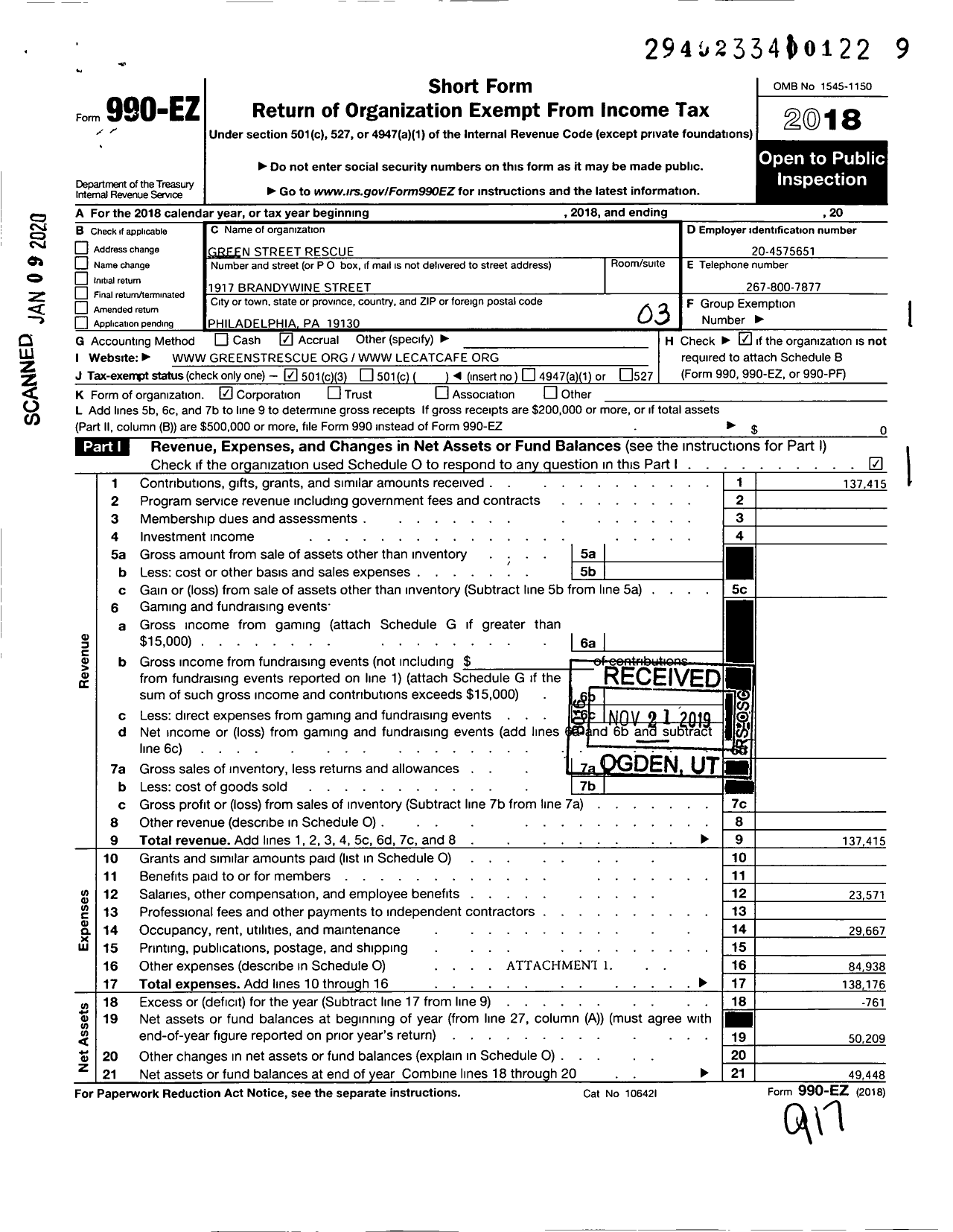 Image of first page of 2018 Form 990EZ for Green Street Rescue