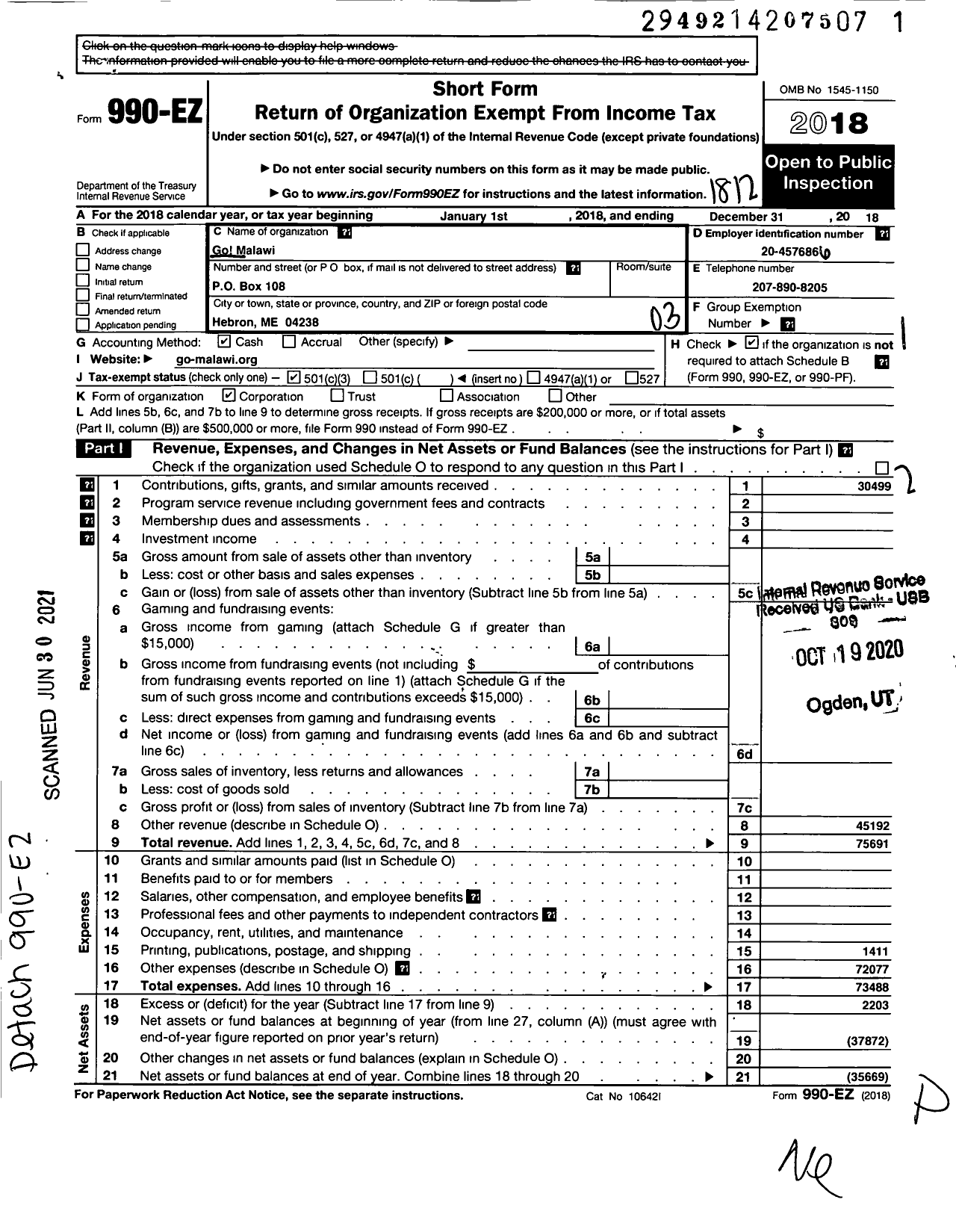 Image of first page of 2018 Form 990EZ for Go Malawi