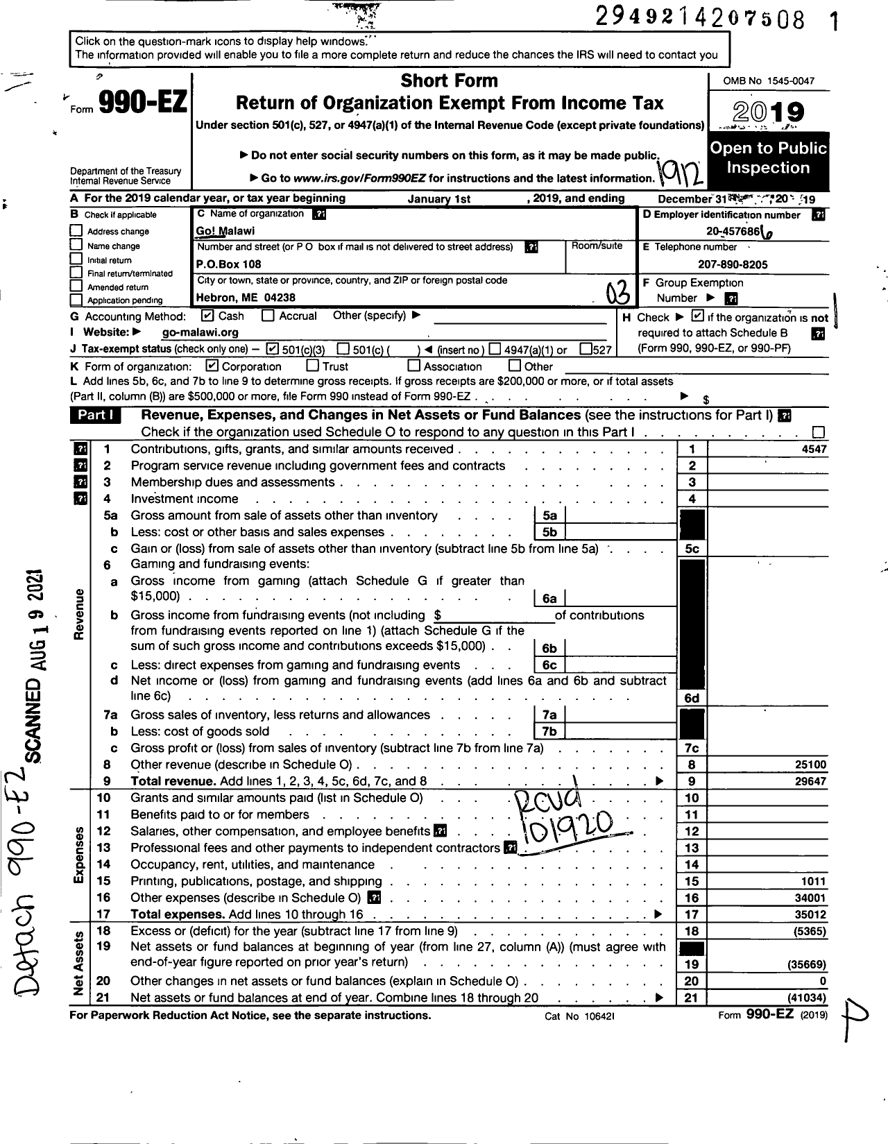 Image of first page of 2019 Form 990EZ for Go Malawi