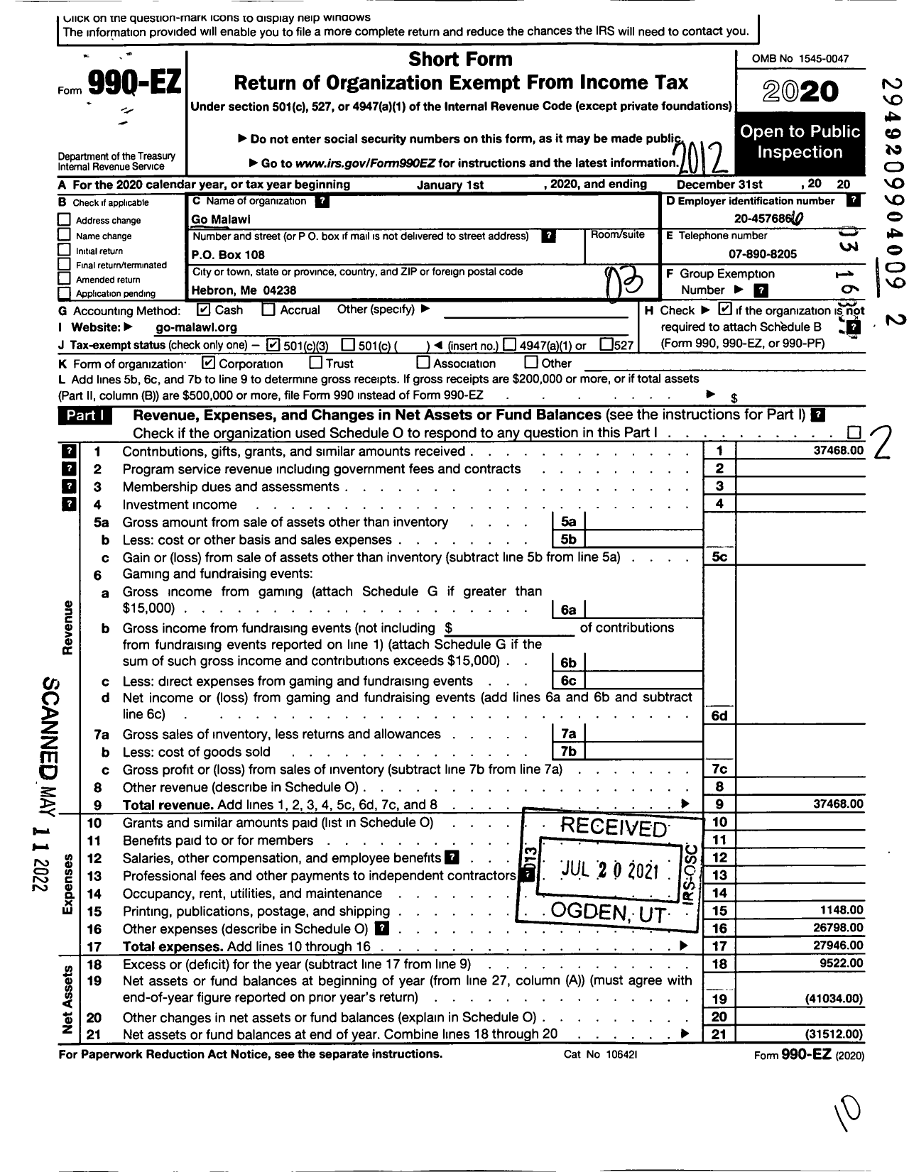 Image of first page of 2020 Form 990EZ for Go Malawi