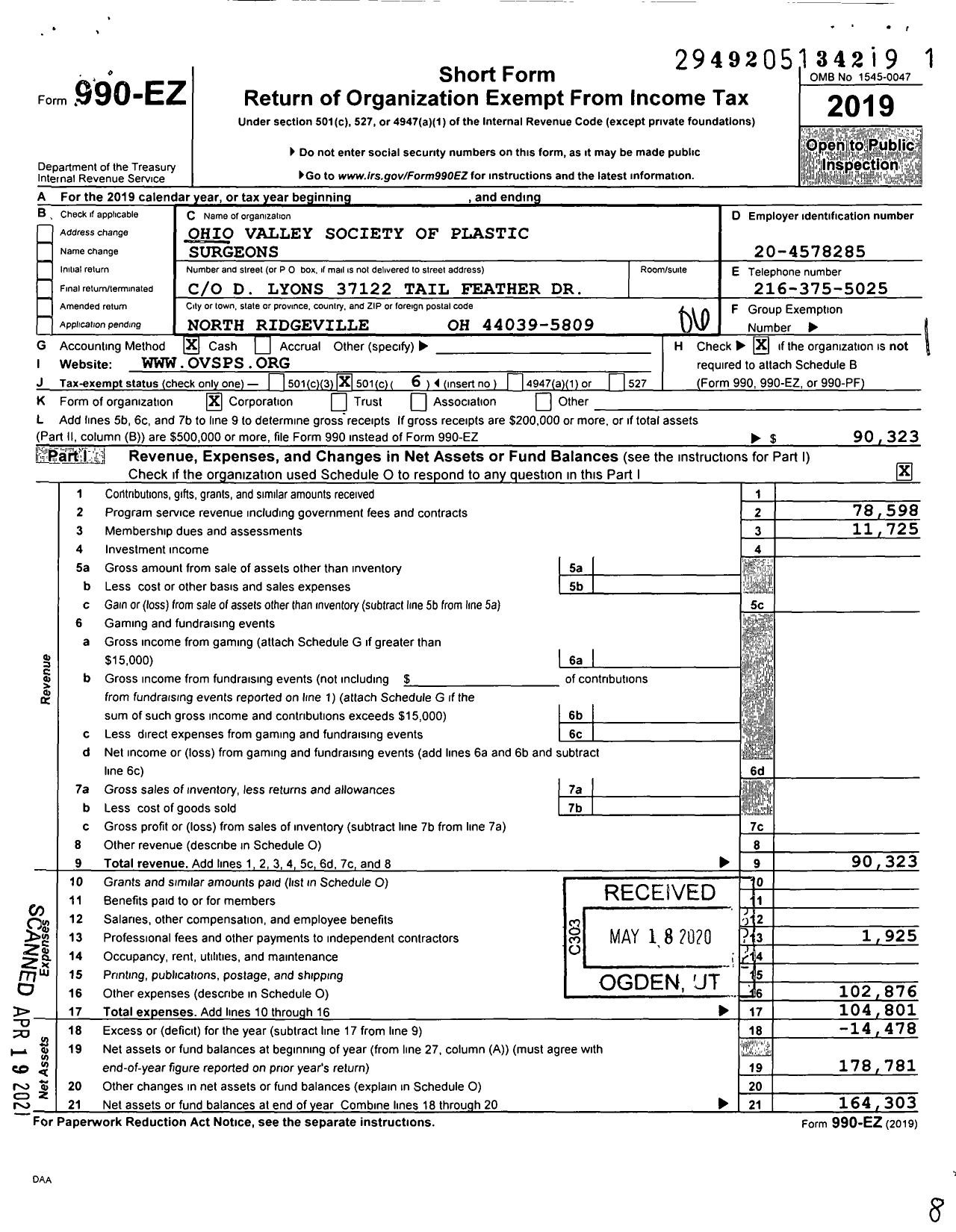 Image of first page of 2019 Form 990EO for Ohio Valley Society of Plastic Surgeons