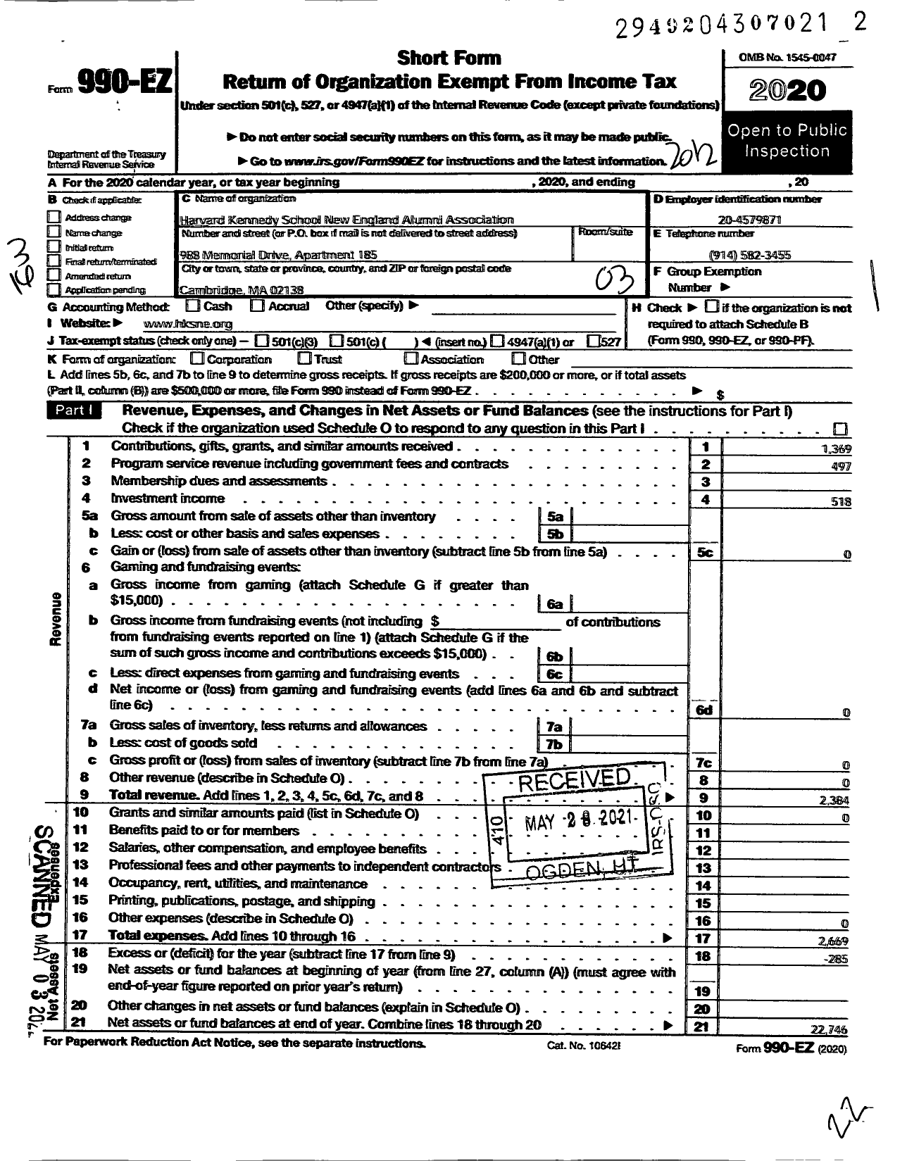 Image of first page of 2020 Form 990EZ for Harvard Kennedy School New England Alumni Association