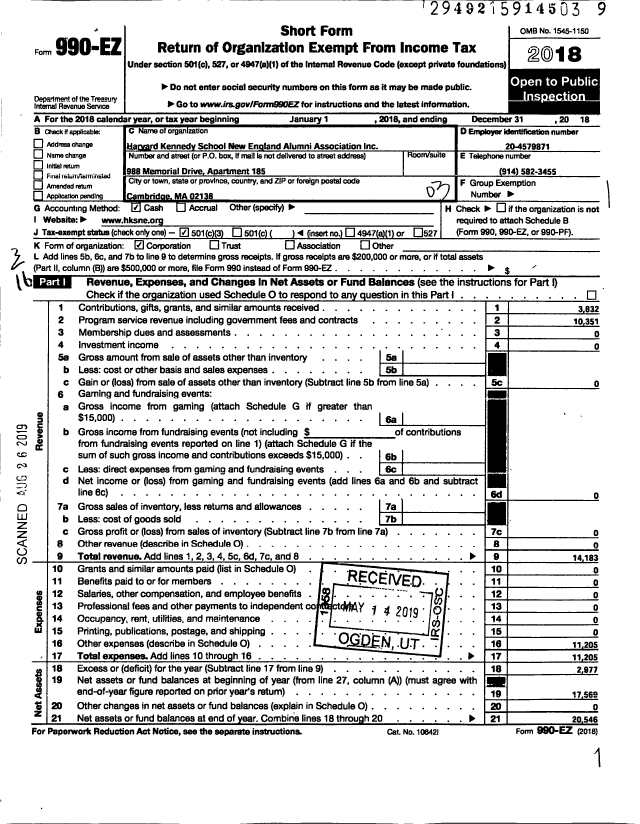 Image of first page of 2018 Form 990EZ for Harvard Kennedy School New England Alumni Association