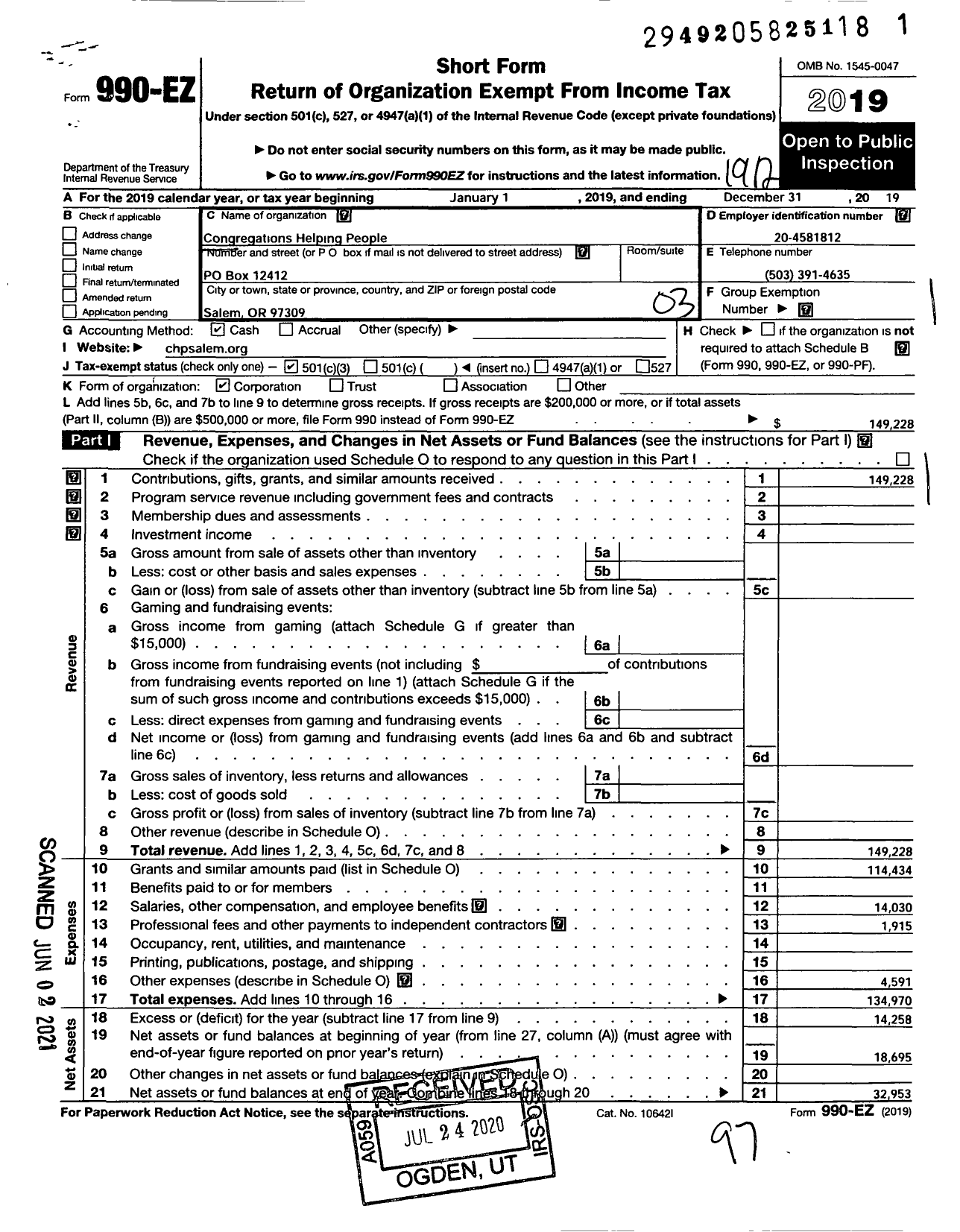 Image of first page of 2019 Form 990EZ for Congregations Helping People