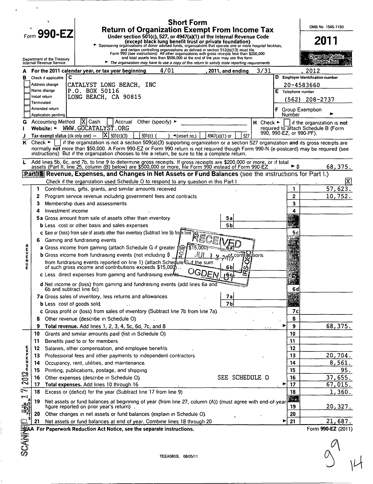 Image of first page of 2011 Form 990EZ for Catalyst Long Beach