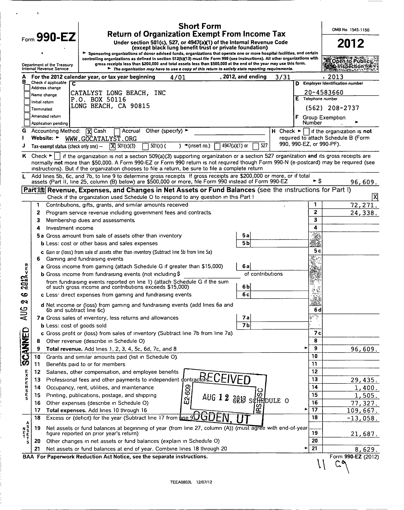 Image of first page of 2012 Form 990EZ for Catalyst Long Beach