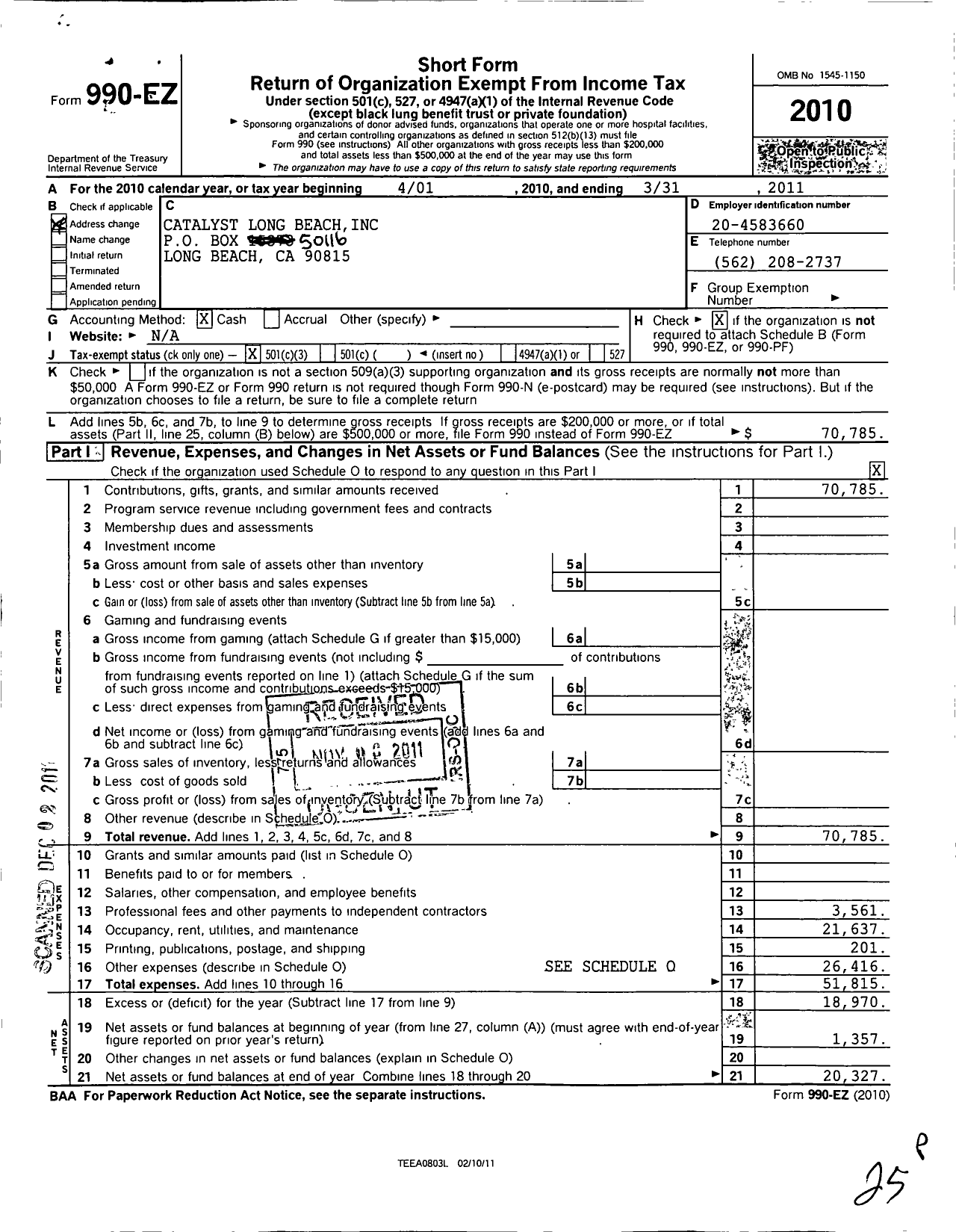 Image of first page of 2010 Form 990EZ for Catalyst Long Beach