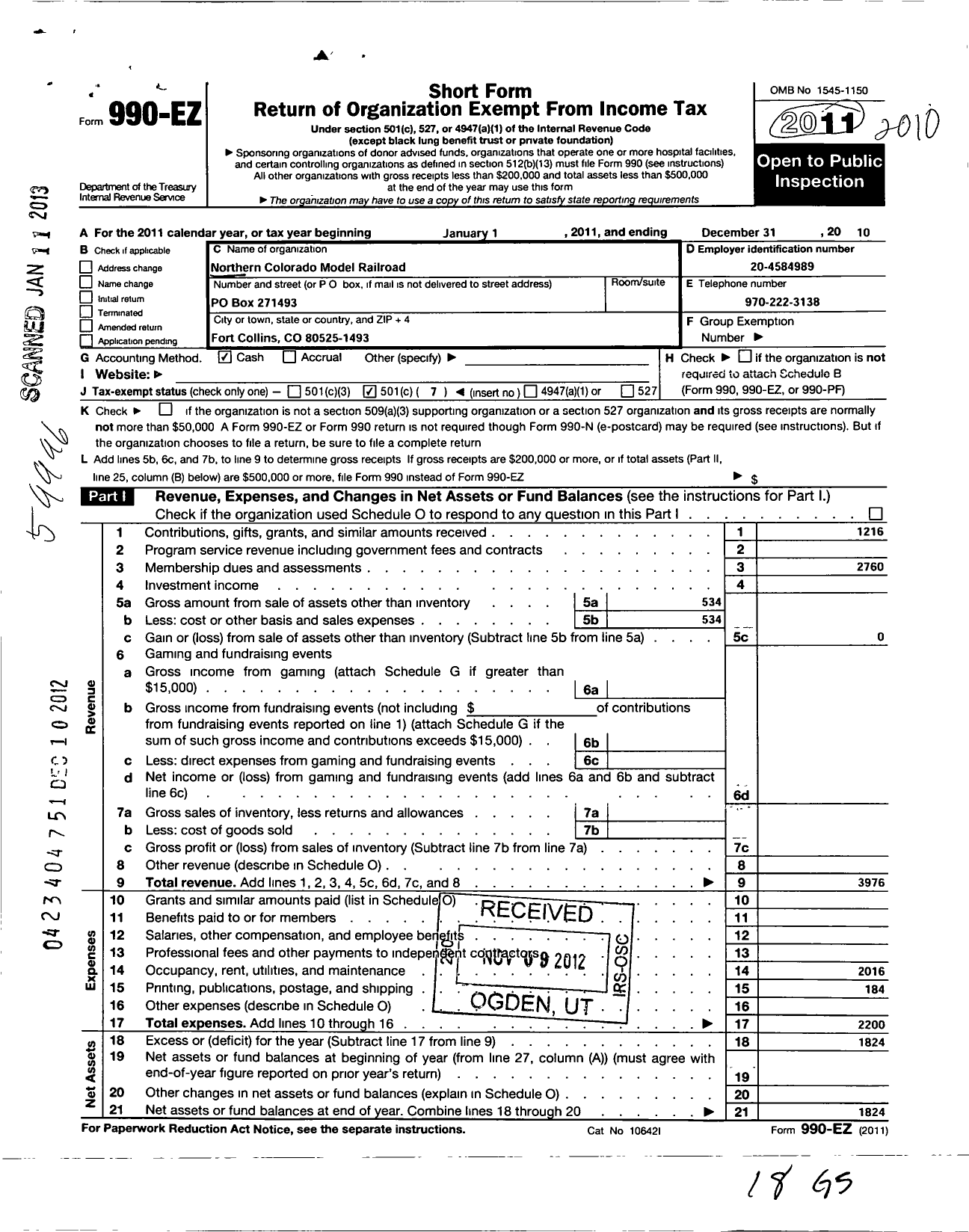 Image of first page of 2010 Form 990EO for Northern Colorado Model Railroad Club