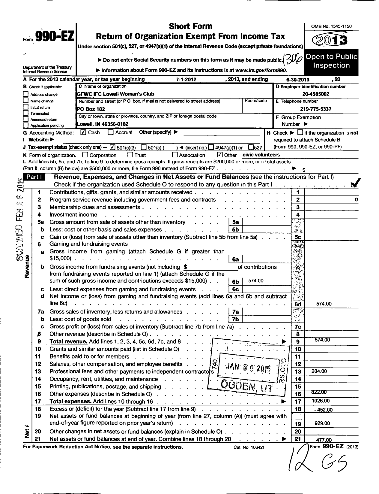 Image of first page of 2012 Form 990EZ for GFWC Ifc Lowell Womans Club