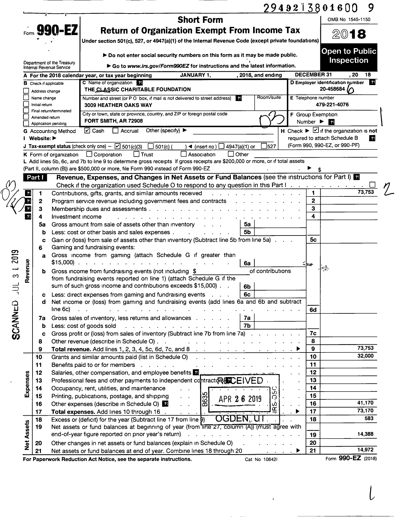 Image of first page of 2018 Form 990EZ for Classic Charitable Foundation