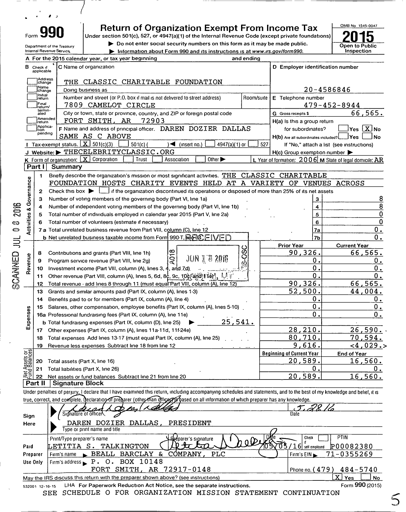 Image of first page of 2015 Form 990 for Classic Charitable Foundation