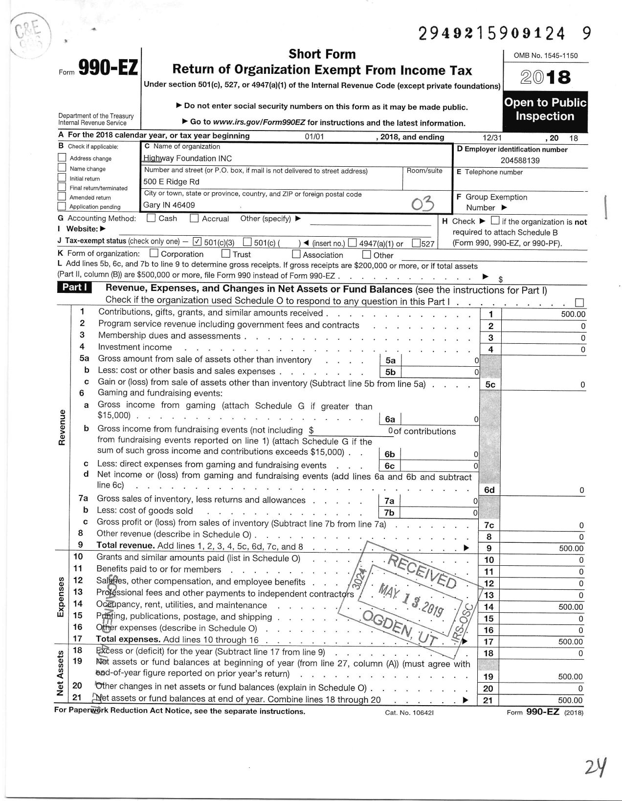 Image of first page of 2018 Form 990EZ for Highway Foundation