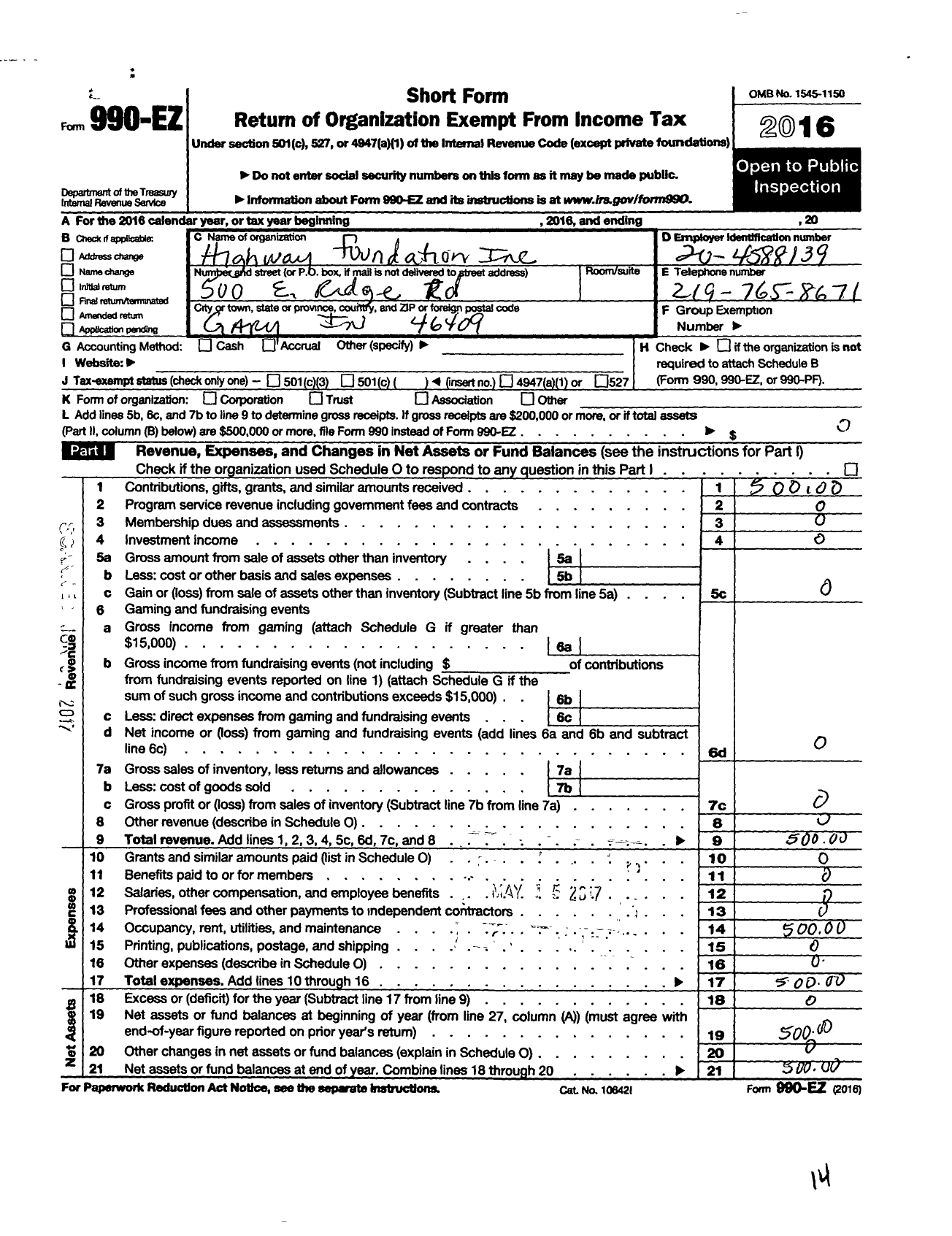 Image of first page of 2016 Form 990EO for Highway Foundation