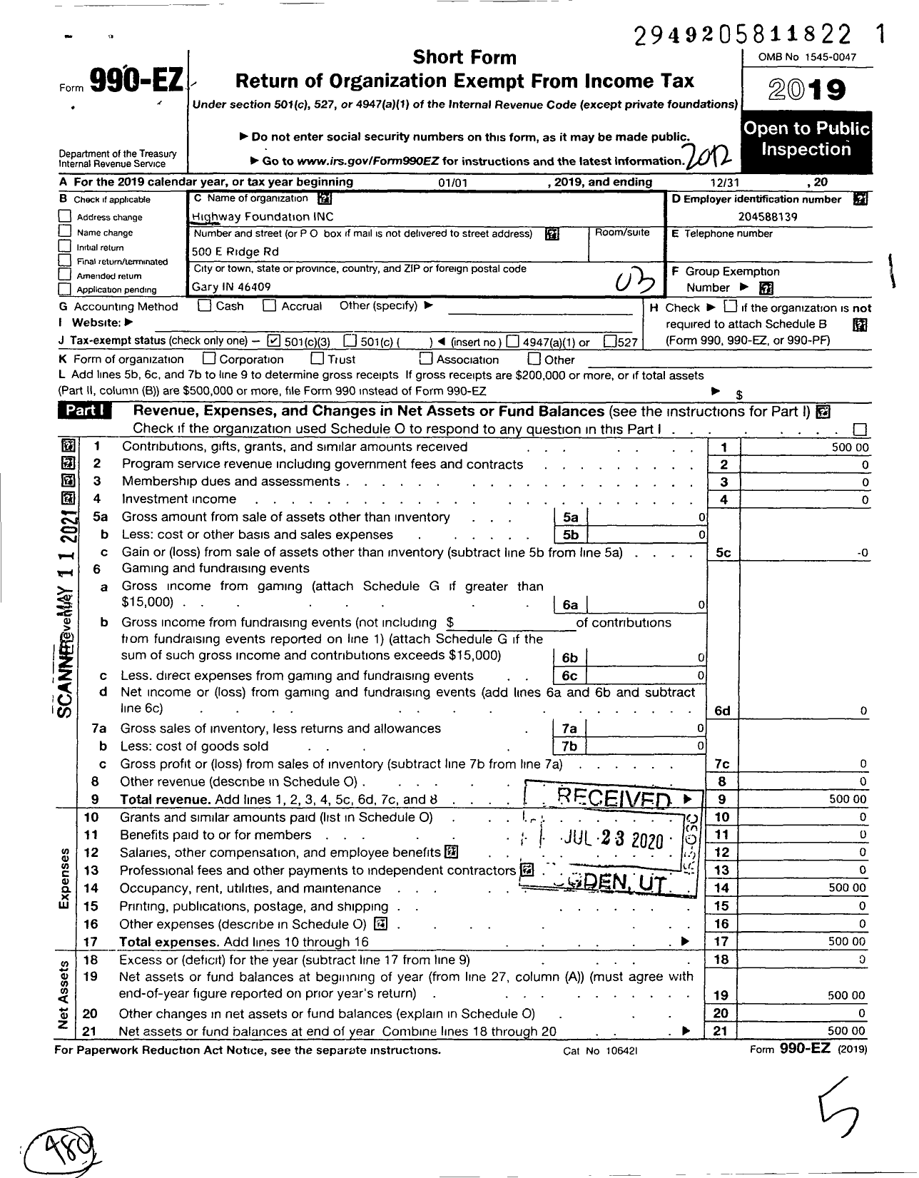 Image of first page of 2020 Form 990EZ for Highway Foundation