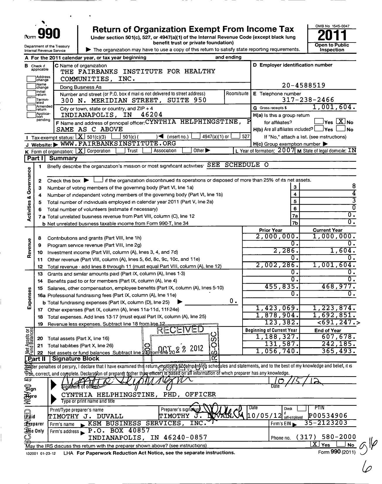 Image of first page of 2011 Form 990 for The Fairbanks Institute for Healthy Communities