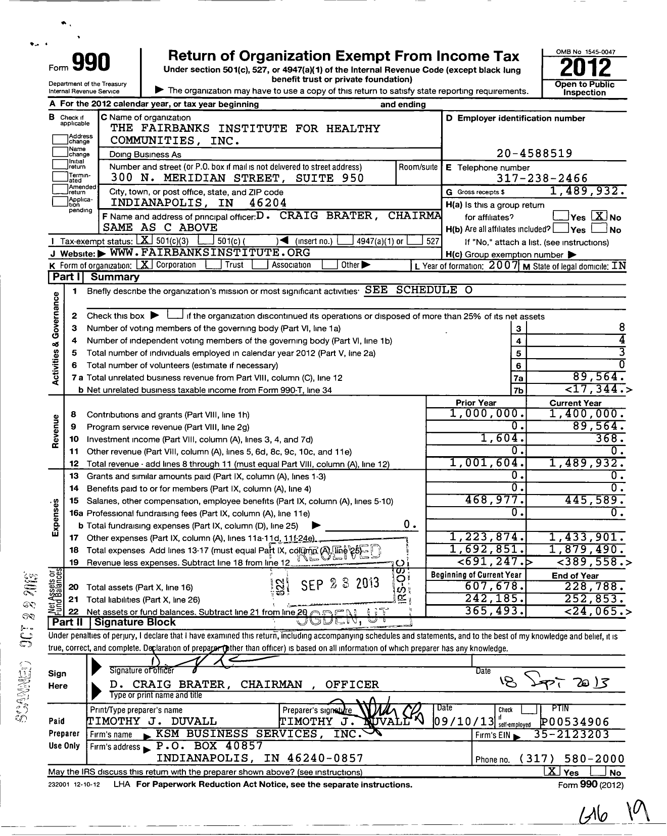 Image of first page of 2012 Form 990 for The Fairbanks Institute for Healthy Communities