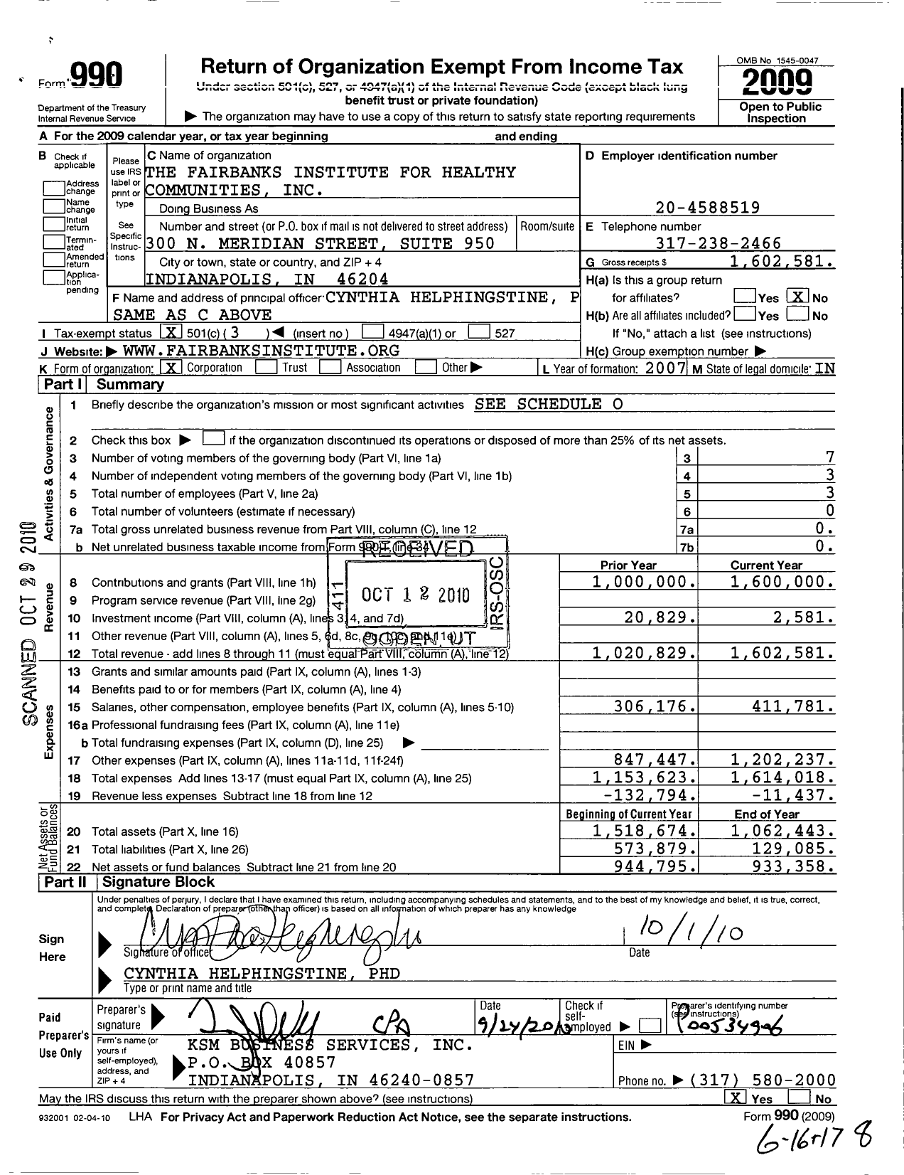 Image of first page of 2009 Form 990 for The Fairbanks Institute for Healthy Communities
