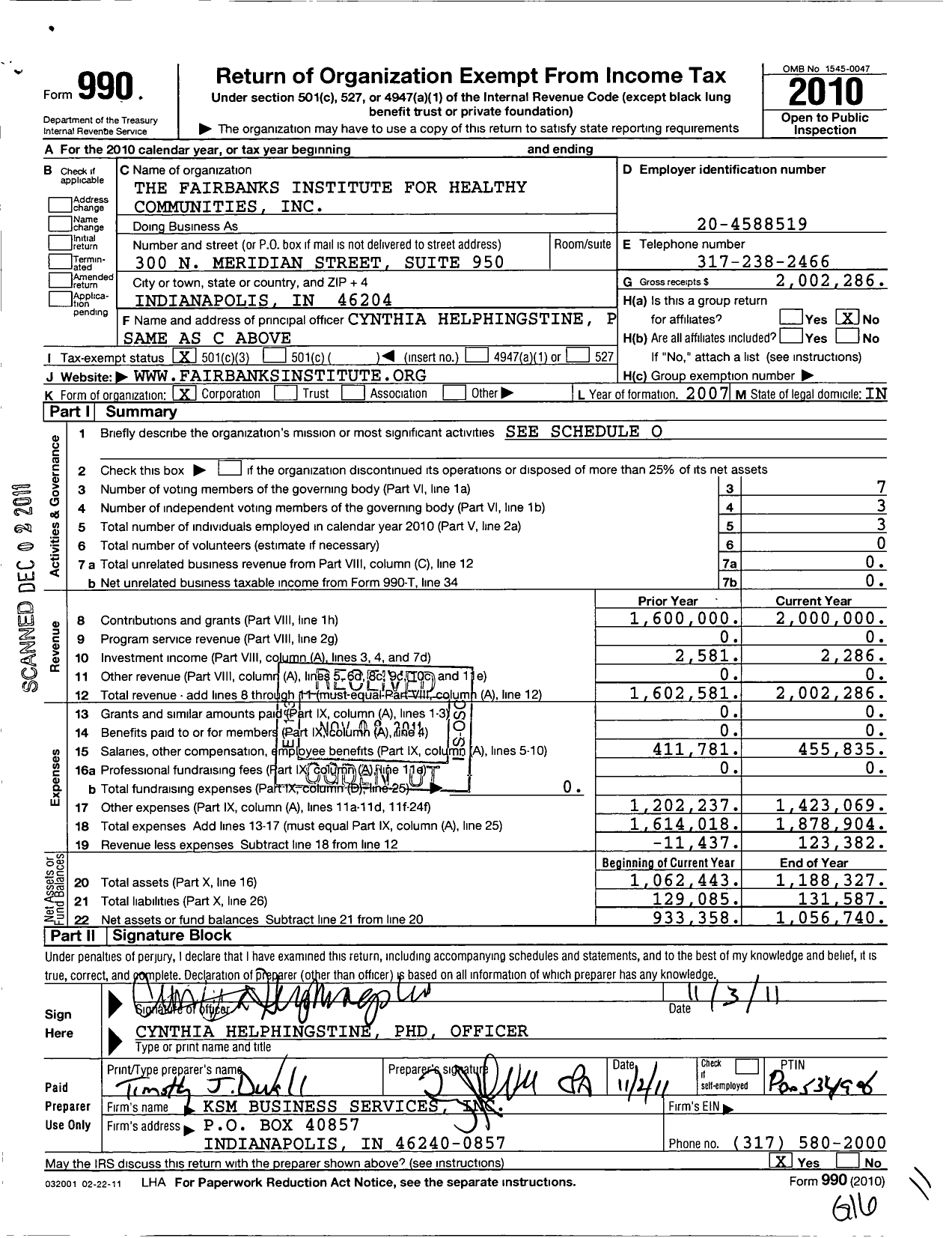 Image of first page of 2010 Form 990 for The Fairbanks Institute for Healthy Communities