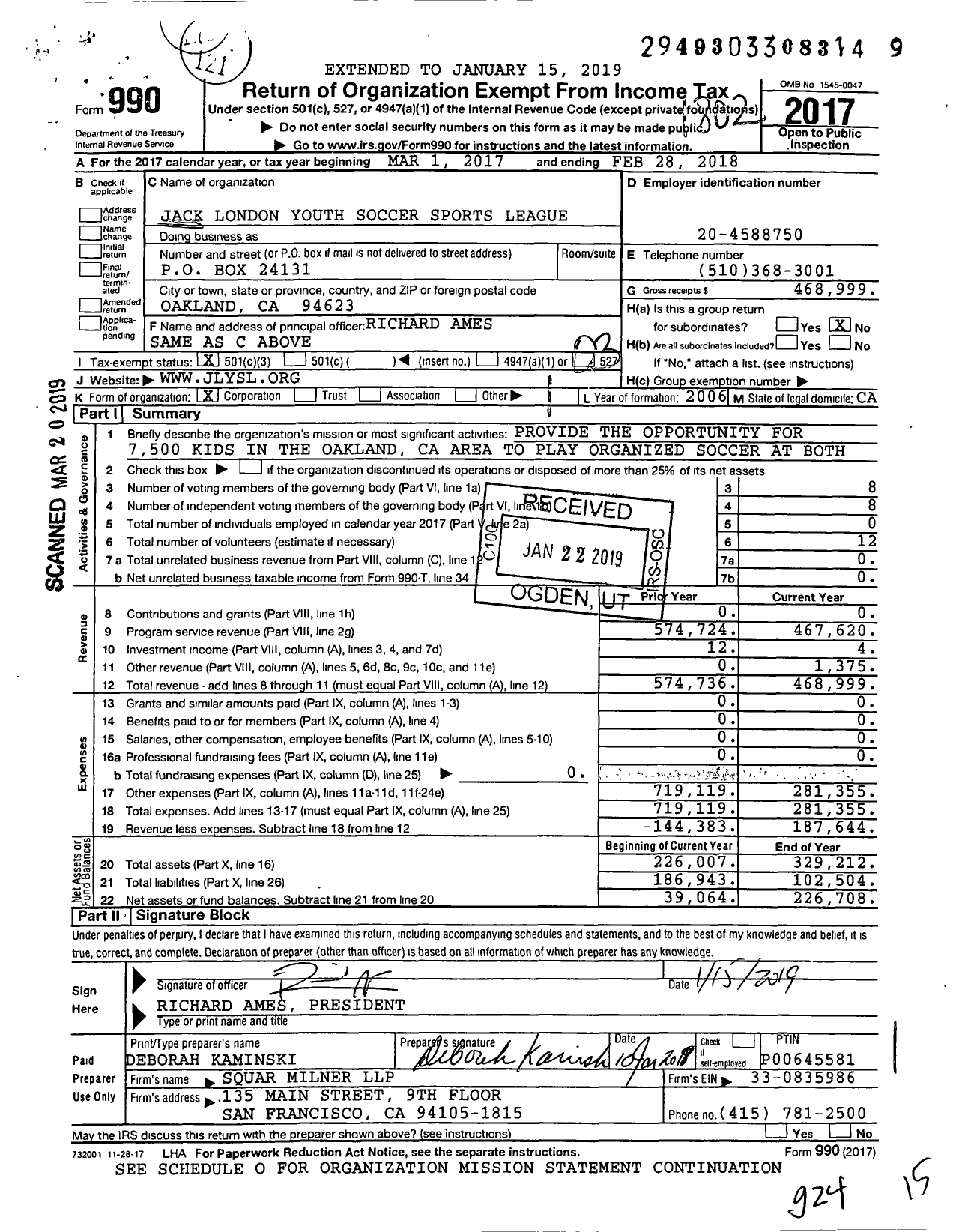 Image of first page of 2017 Form 990 for Jack London Youth Soccer Sportsleague