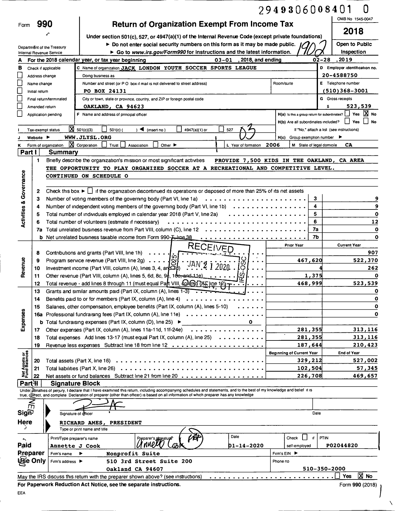 Image of first page of 2018 Form 990 for Jack London Youth Soccer Sportsleague