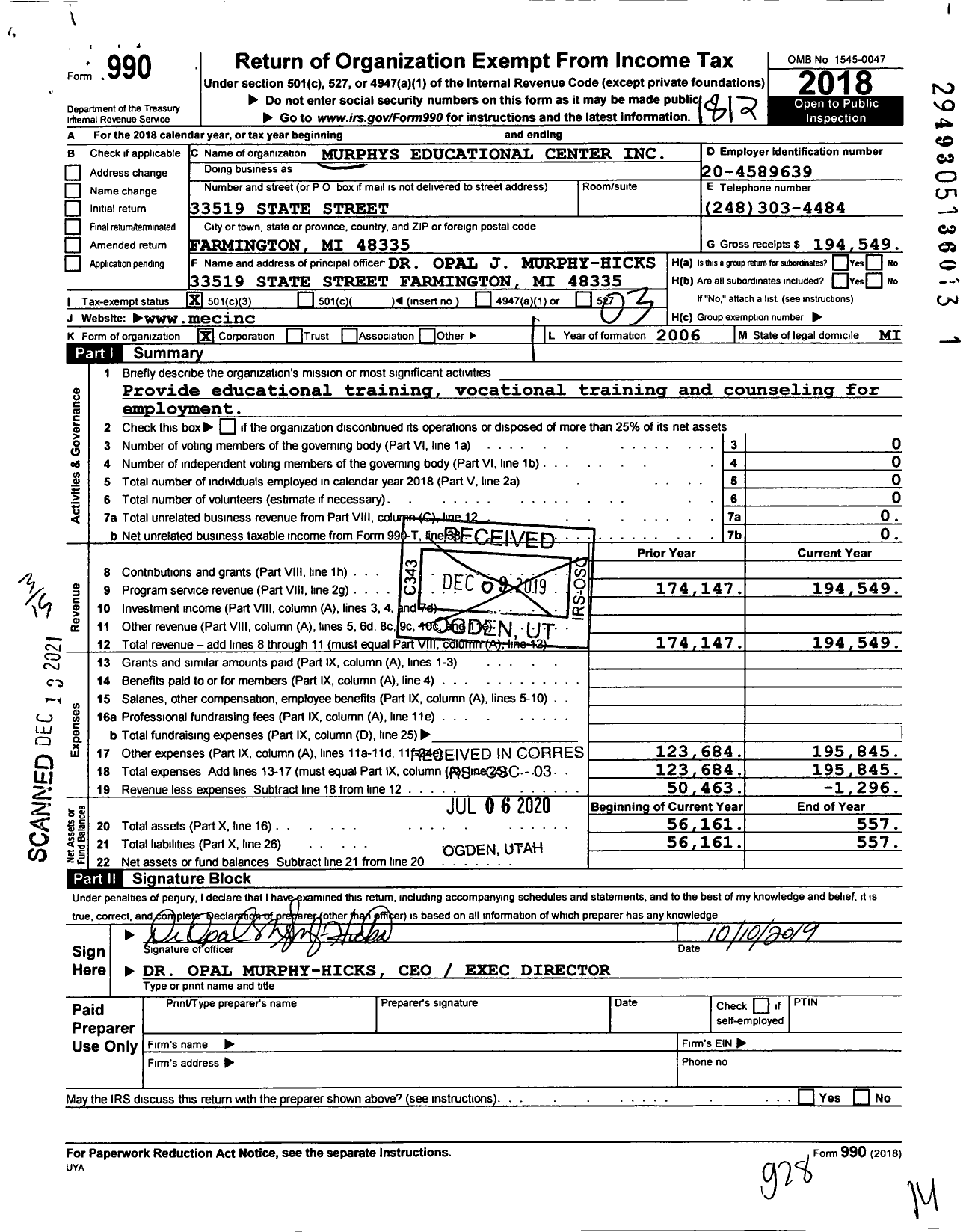 Image of first page of 2018 Form 990 for Murphys Educational Center