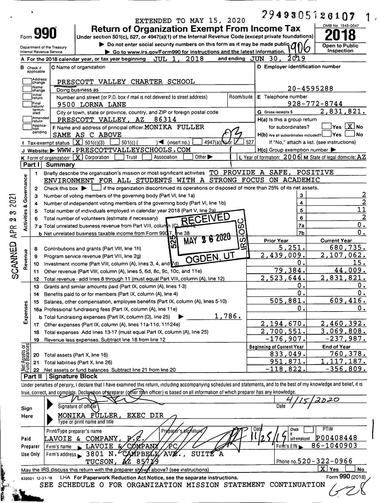 Image of first page of 2018 Form 990 for Prescott Valley Charter School