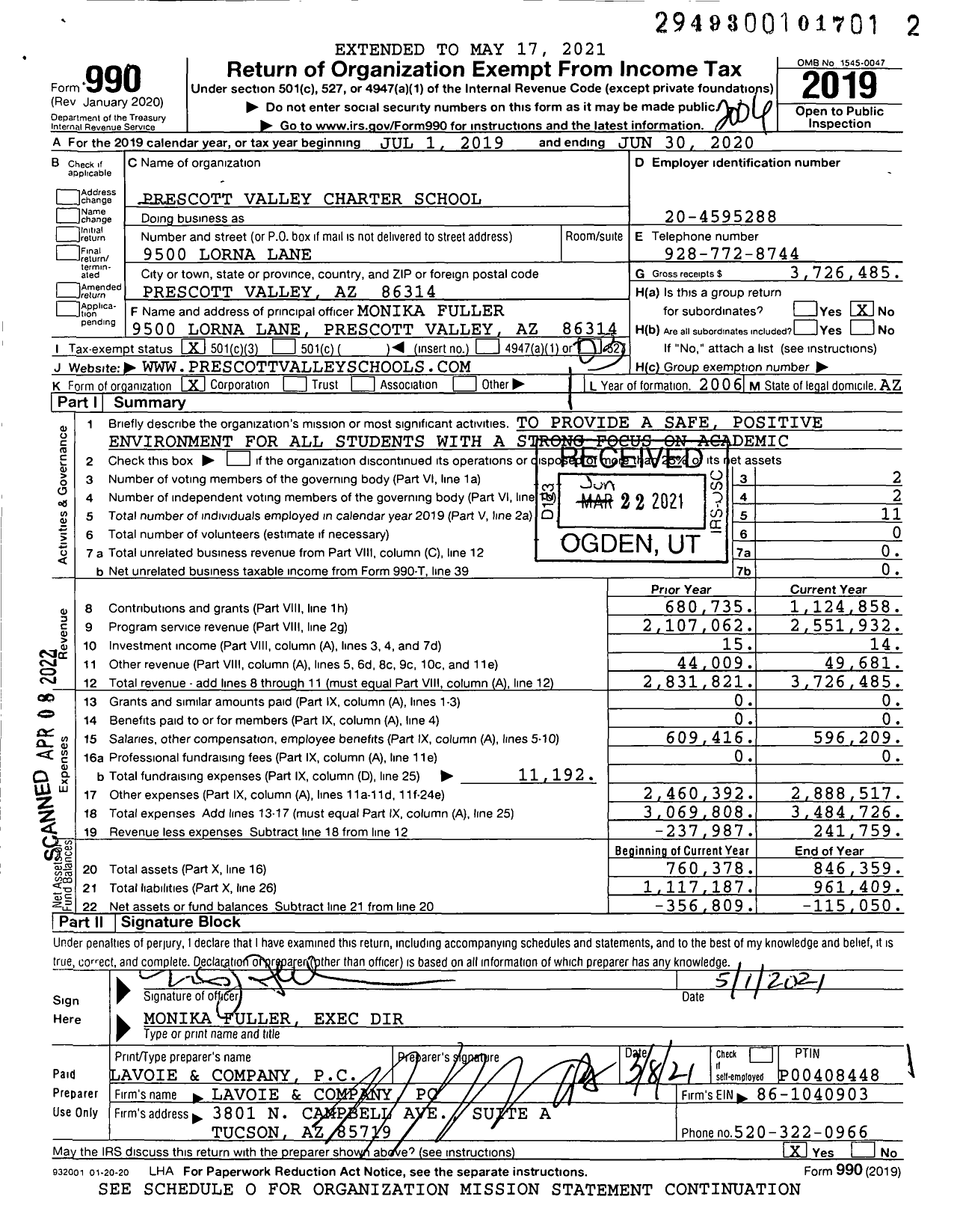 Image of first page of 2019 Form 990 for Prescott Valley Charter School