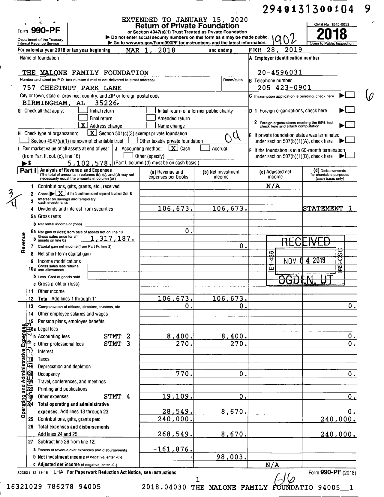 Image of first page of 2018 Form 990PF for The Malone Family Foundation