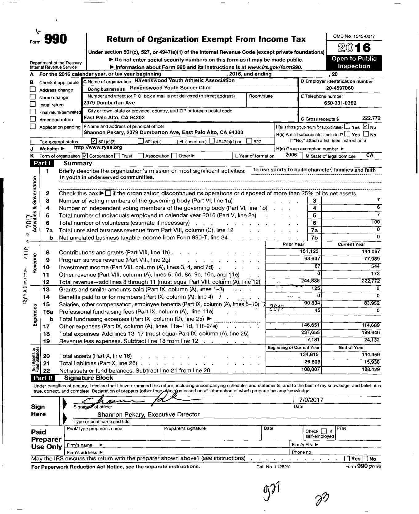 Image of first page of 2016 Form 990 for Ravenswood Youth Athletic Association