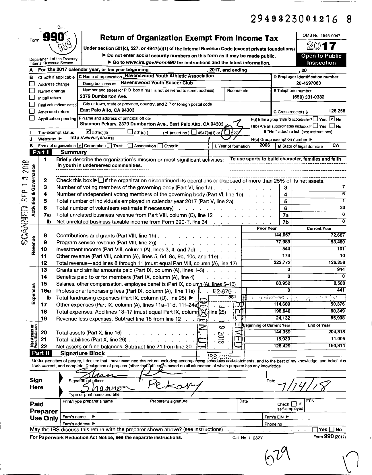 Image of first page of 2017 Form 990 for Ravenswood Youth Athletic Association