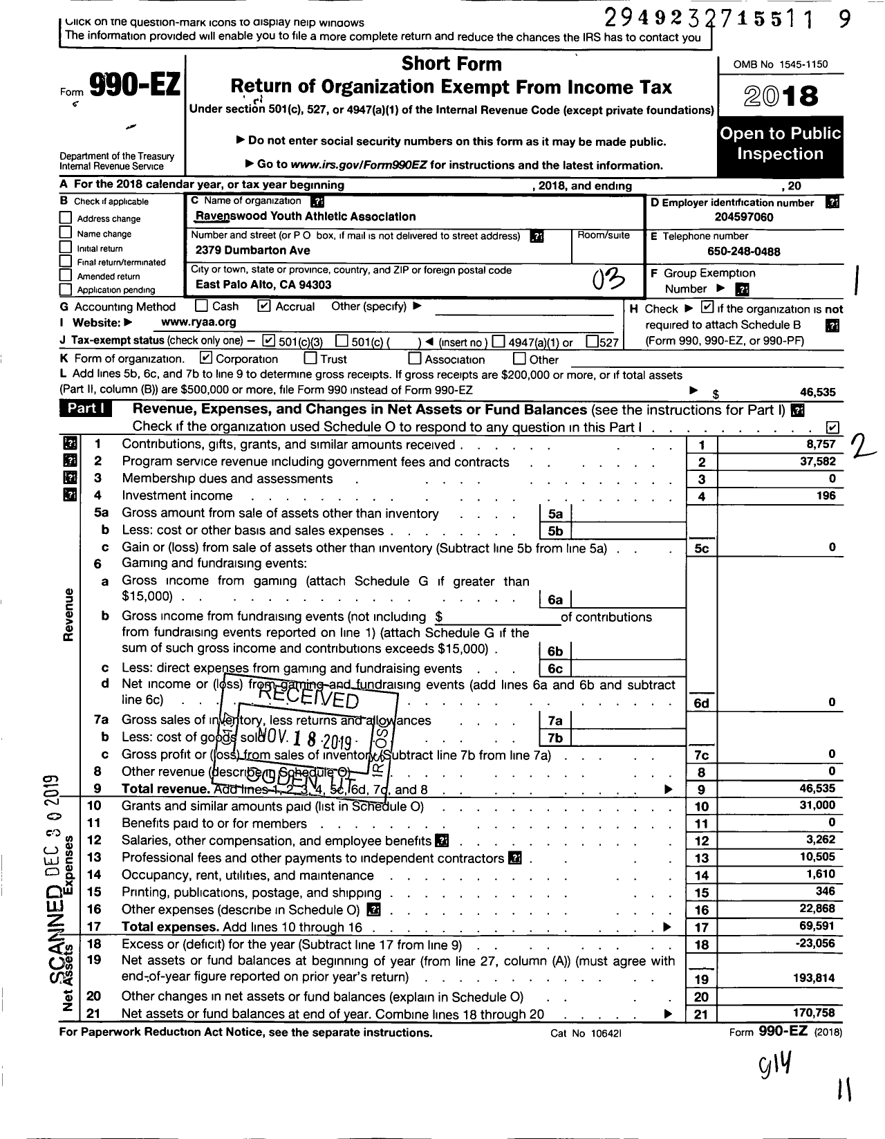 Image of first page of 2018 Form 990EZ for Ravenswood Youth Athletic Association