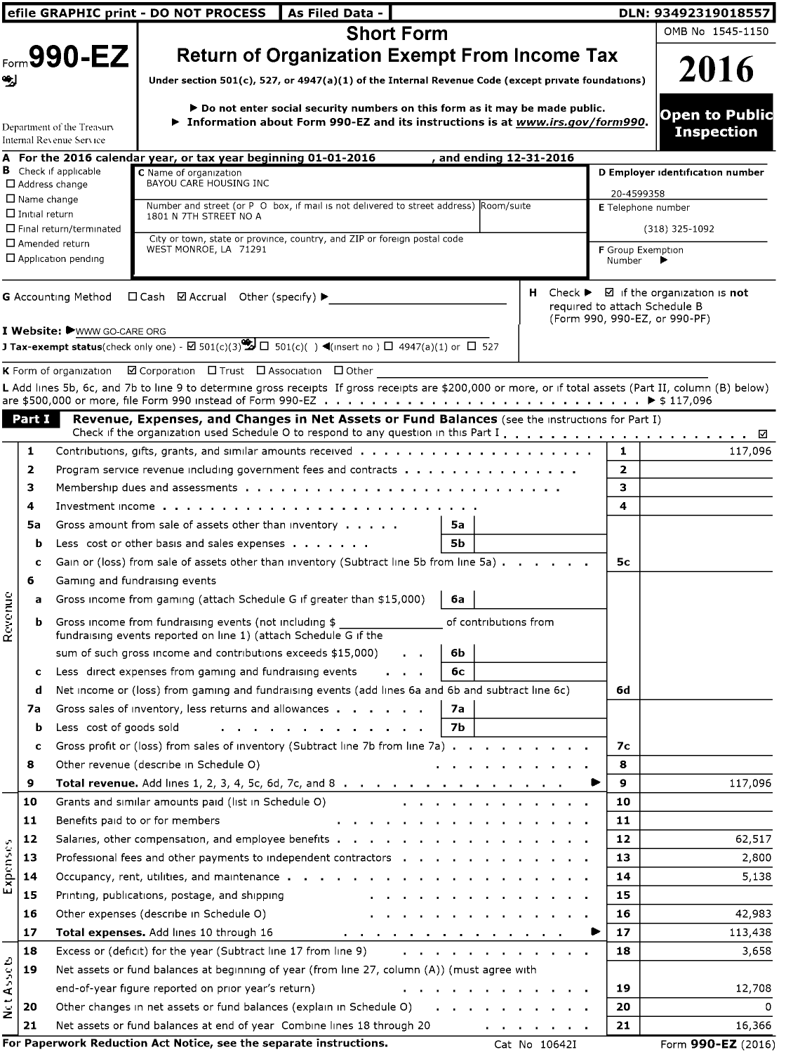 Image of first page of 2016 Form 990EZ for Bayou Care Support Services