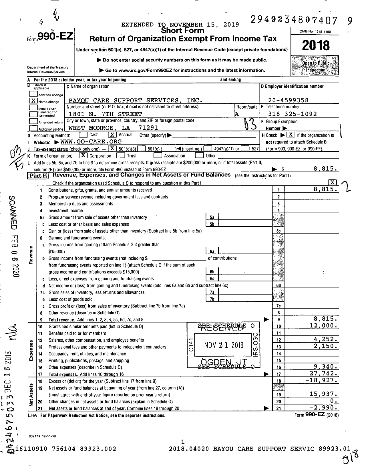 Image of first page of 2018 Form 990EZ for Bayou Care Support Services
